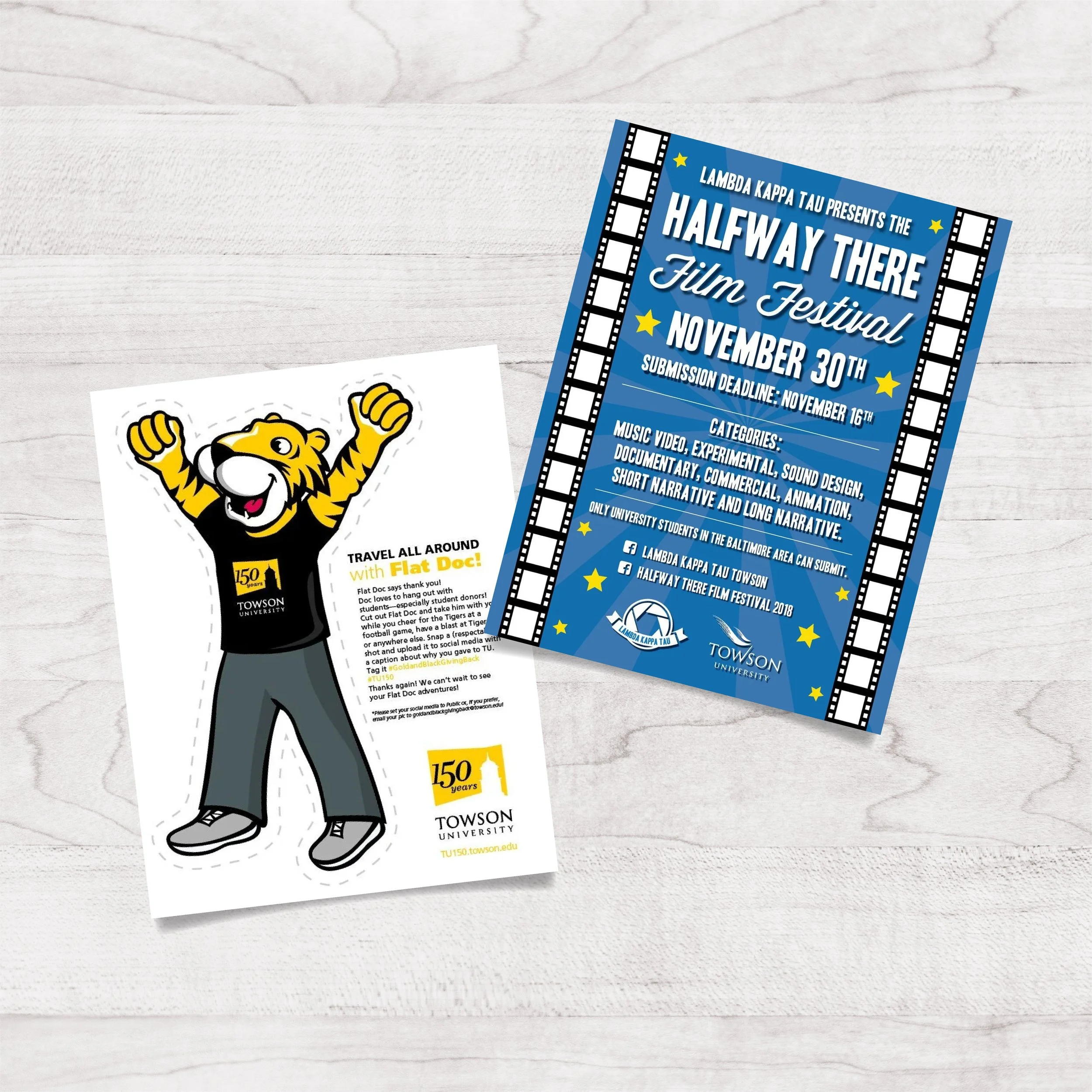 Flyer for the Halfway There Film Festival scheduled for November 30th at Towson University, with categories including music videos, experimental, sound design, documentary, commercial, animation, short and long narrative films. The submission deadlin