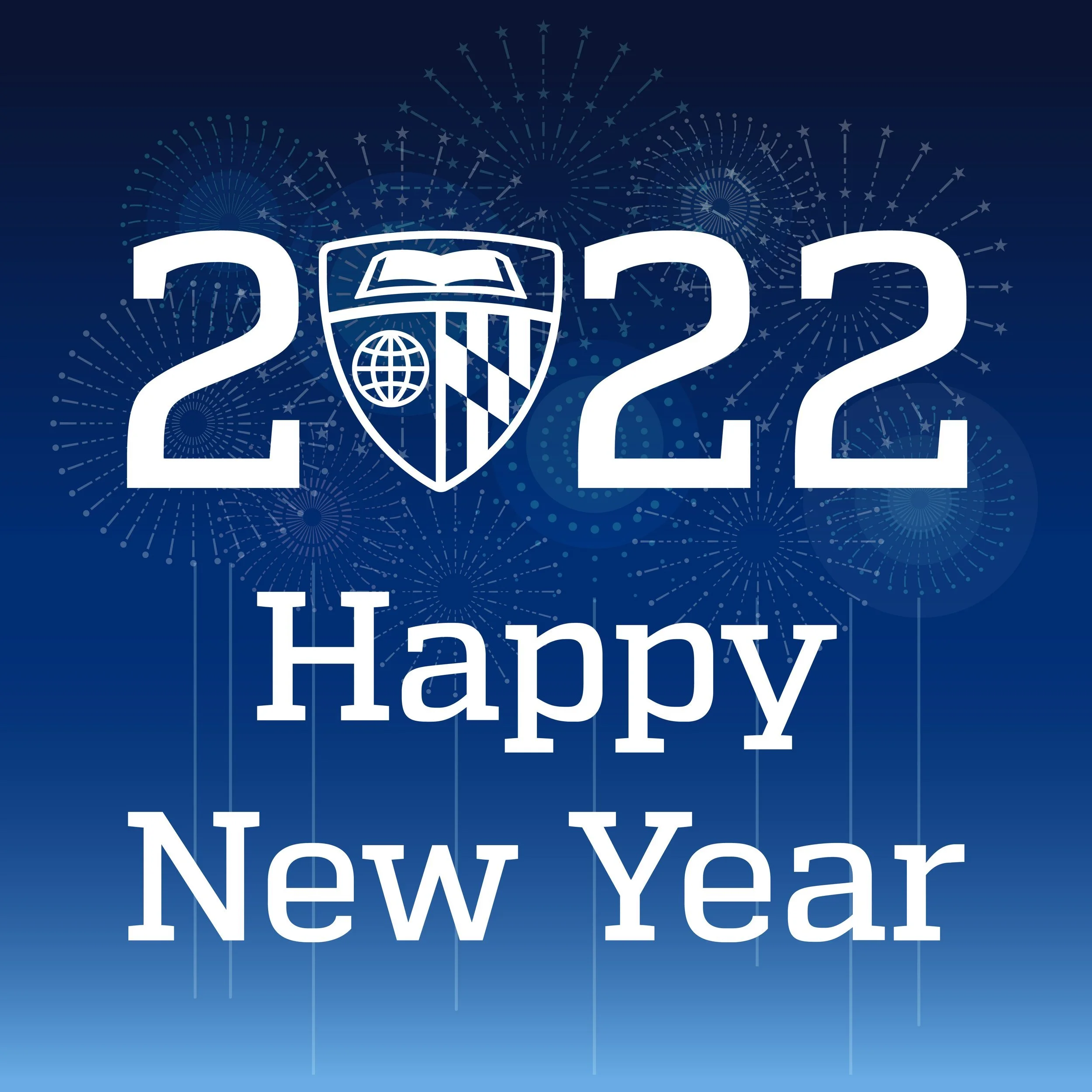 A graphic celebrating New Year's 2022 with fireworks in the background, the numbers '2022' with the zero replaced by a shield containing a globe and a striped design, and the text 'Happy New Year' at the bottom.