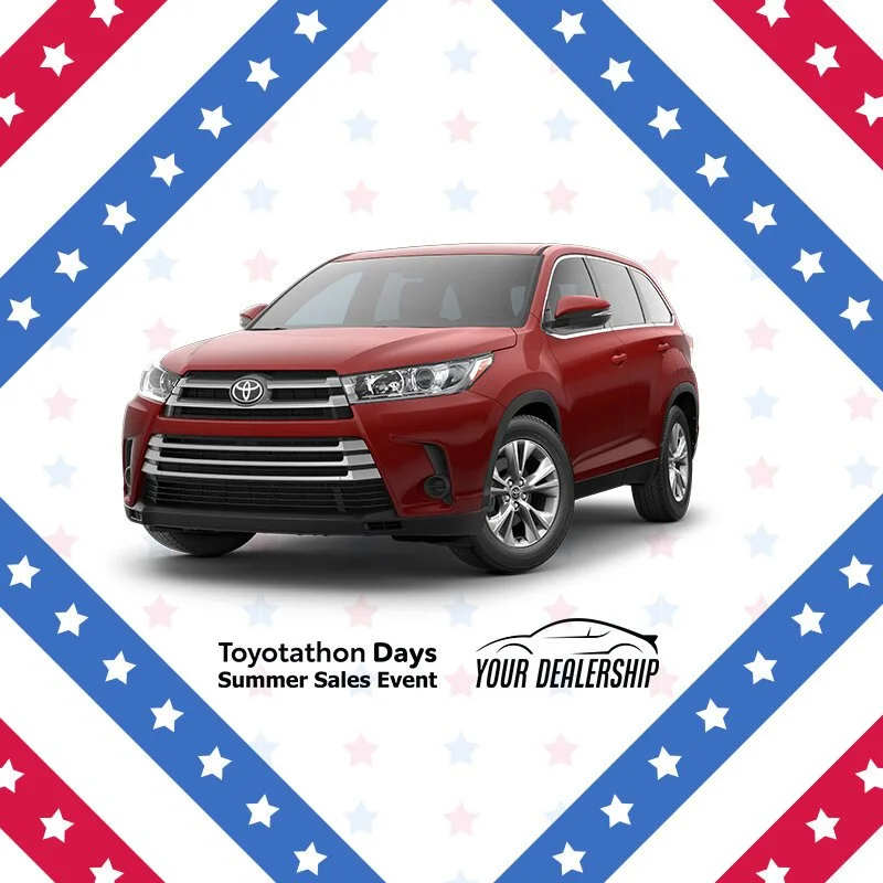 A red Toyota SUV with a patriotic star pattern background and promotional text for a summer sales event.