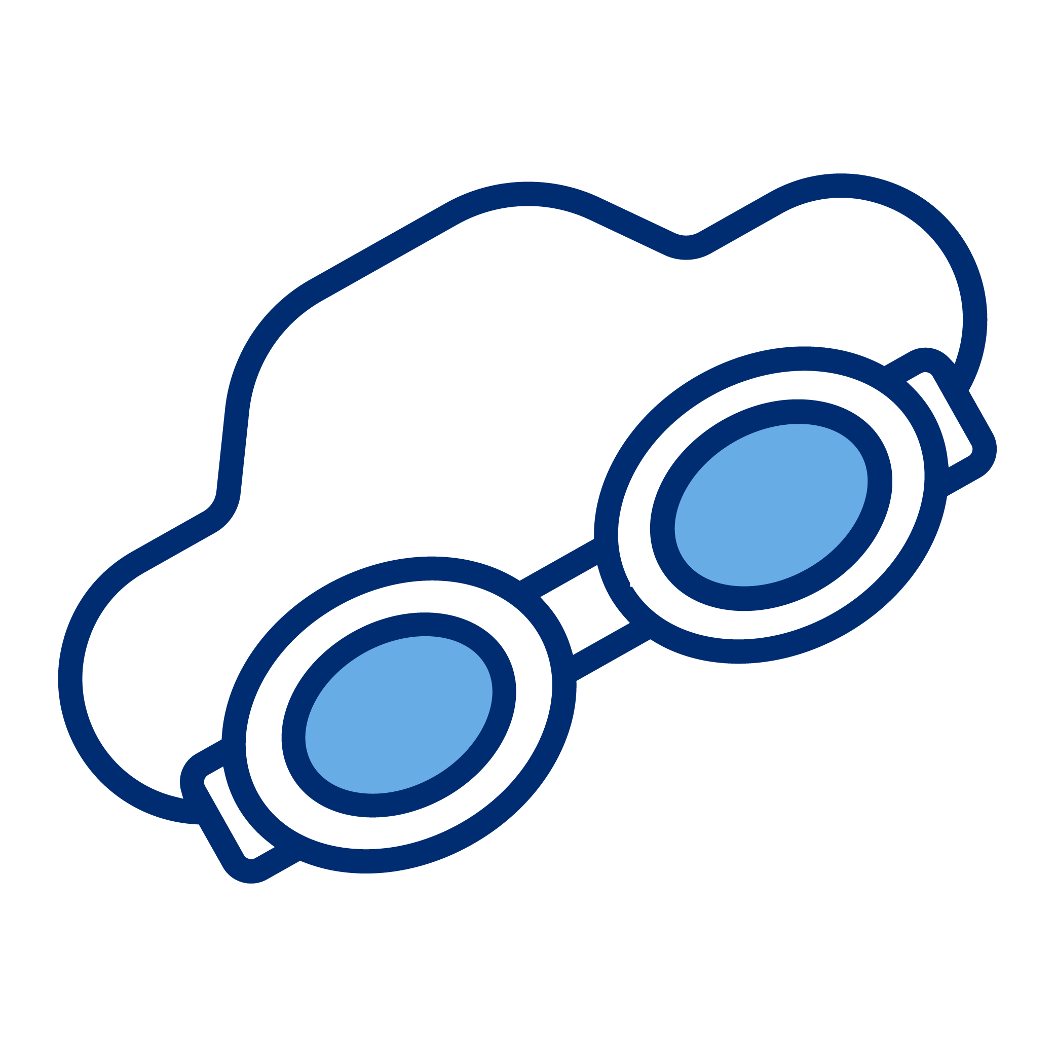 Outline illustration of a pair of goggles with blue lenses.