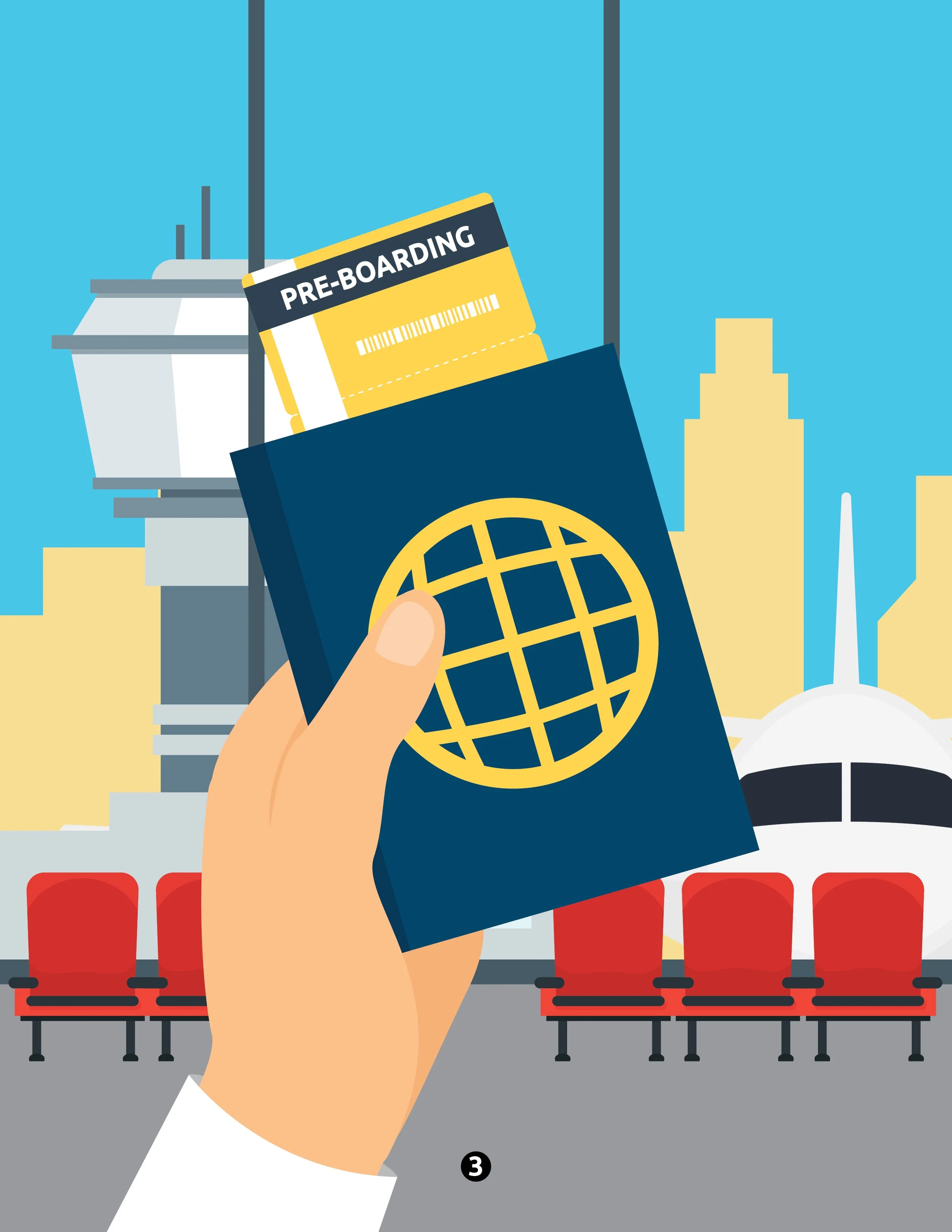 Hand holding a passport with a global symbol and a yellow pre-boarding pass, ready for travel at an airport with red chairs and iconic buildings in the background.