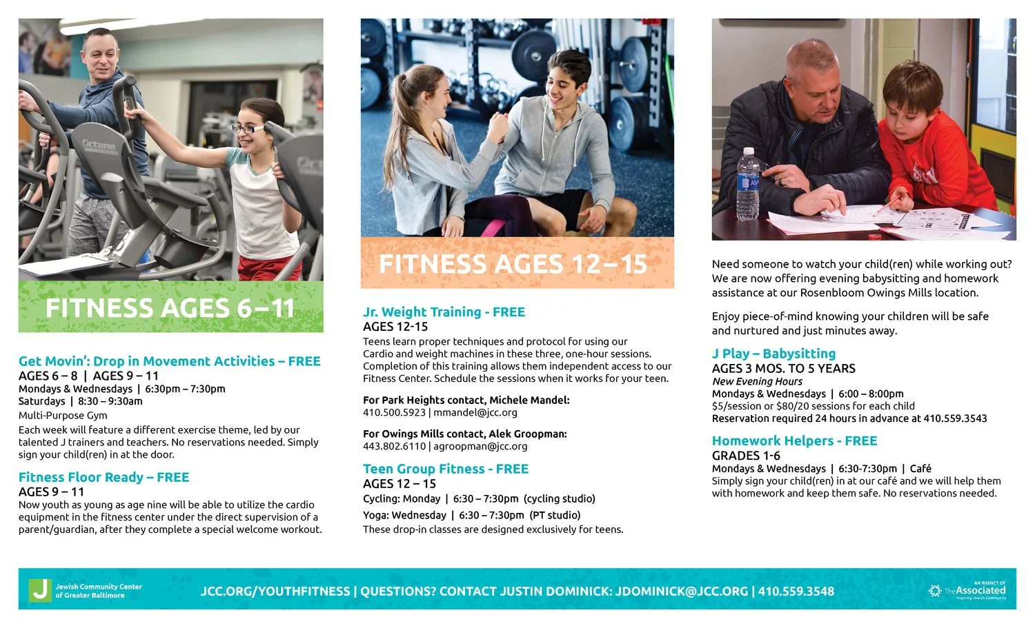 Flyer for youth fitness programs with images of children and teens engaging in exercise and social activities at a community center.