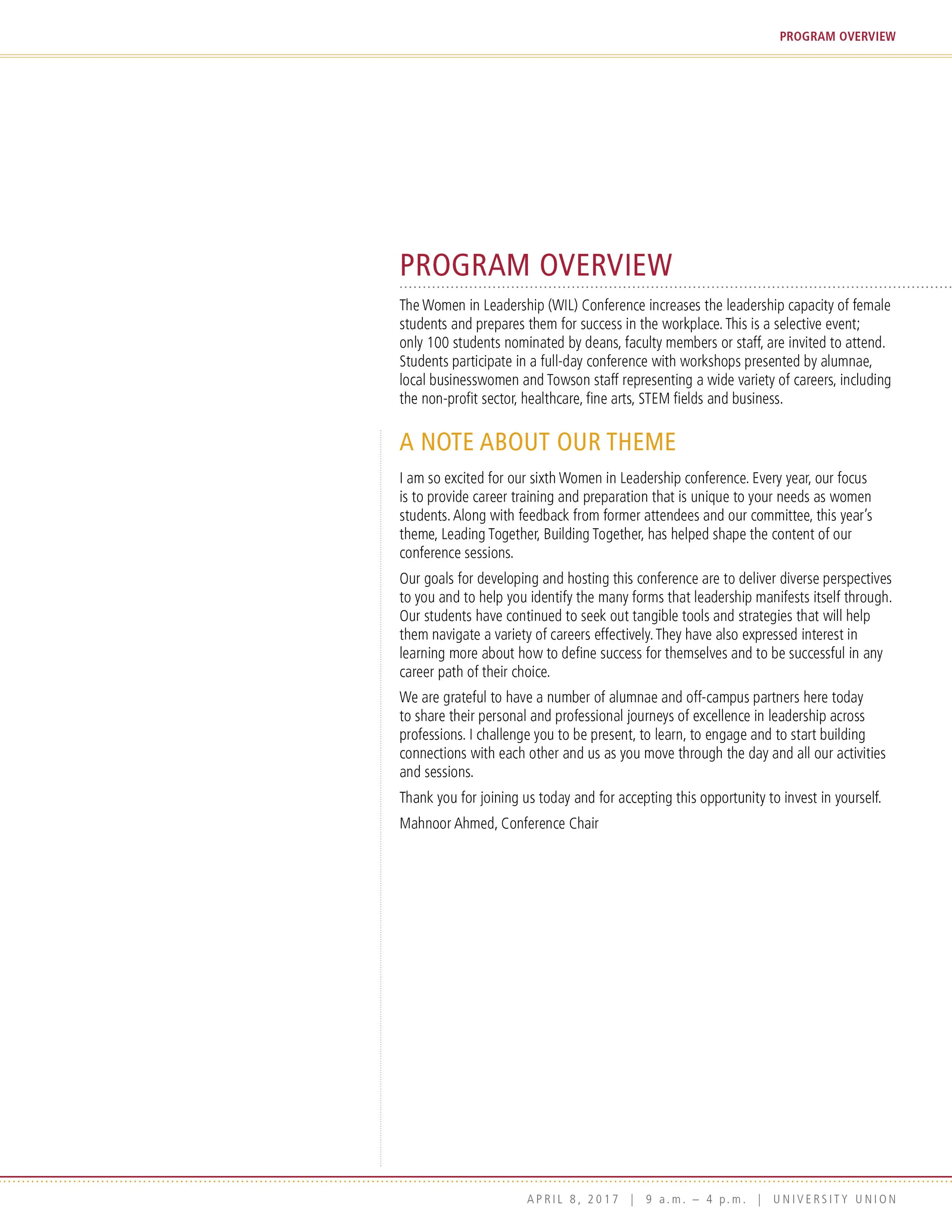 Program overview page for the Women in Leadership Conference, describing its theme 'Leading Together, Building Together' and goals for leadership training and career development, with a note from the conference chair, Mahnoor Ahmed.