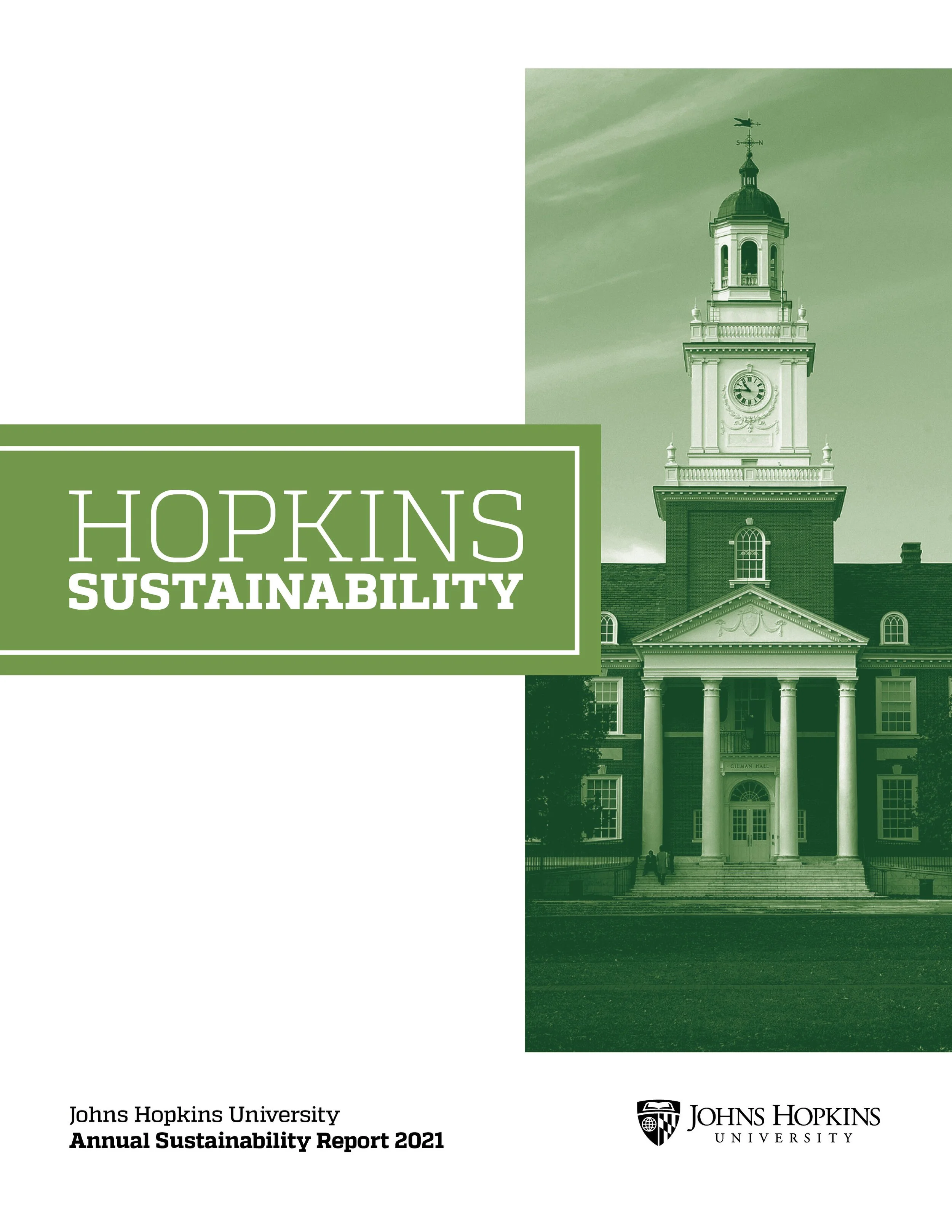Cover of the Johns Hopkins University Annual Sustainability Report 2021, featuring a historic building with a clock tower in green tint.