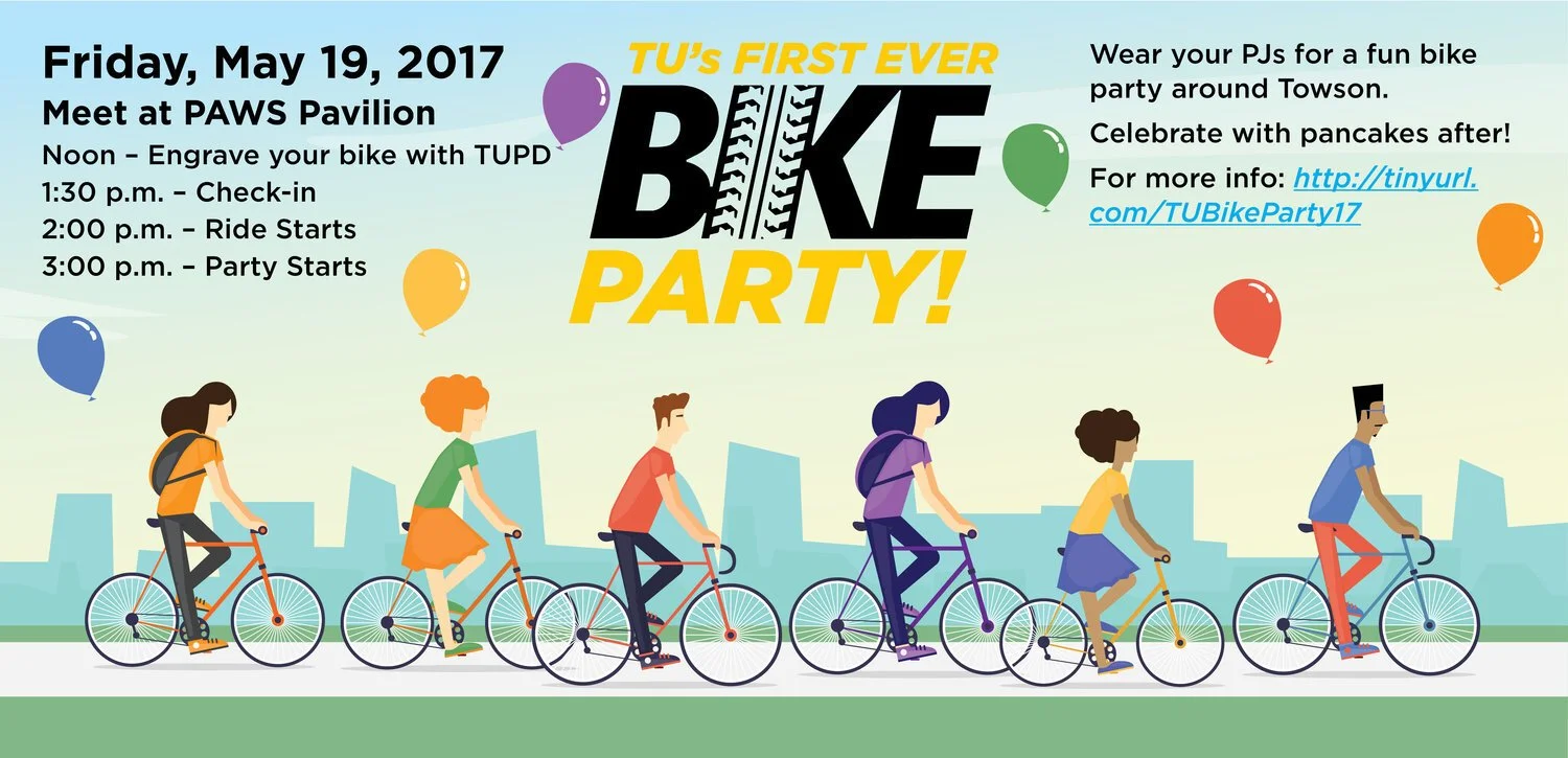Illustration of six people riding bikes, with colorful balloons floating in the sky, promoting TU's first bike party event in Towson on May 19, 2017, with details about the schedule and a URL for more info.