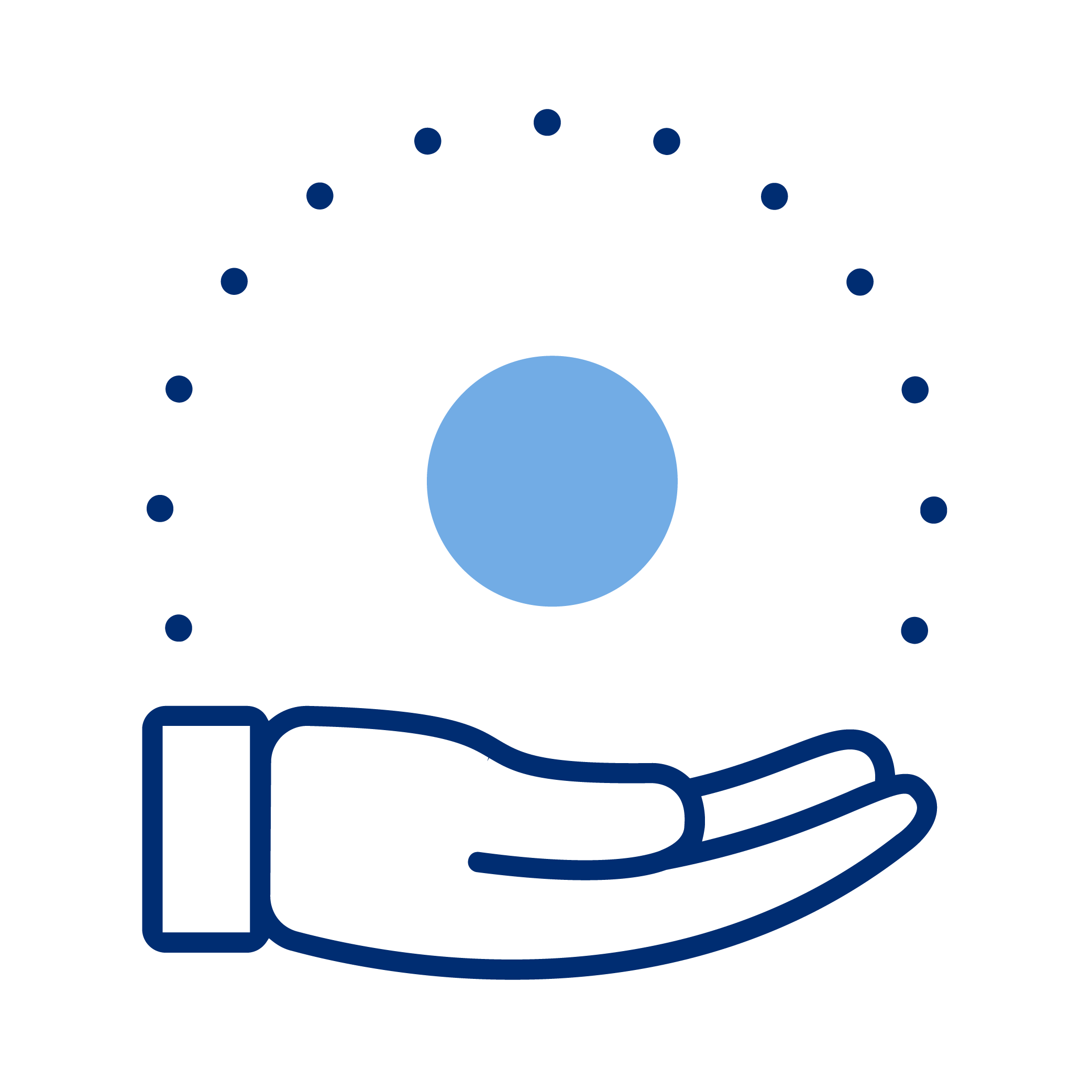 An illustration of a hand holding a blue circle, with smaller blue dots arranged in a circle around the circle and text that says 'Better care through data'.