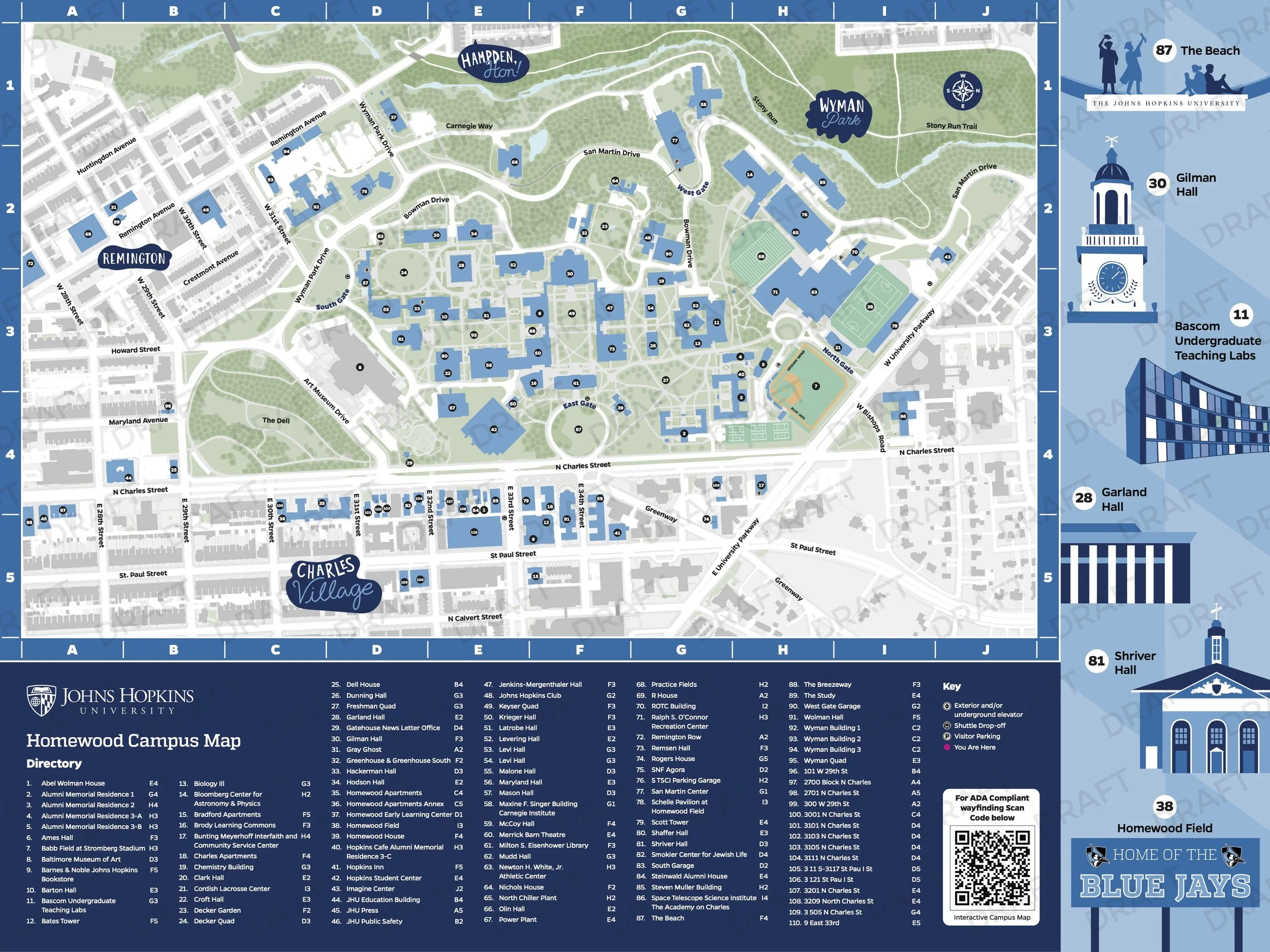 Map of Johns Hopkins University Homewood Campus shows buildings, roads, and labeled landmarks including The Beach, Gilman Hall, Bascom Undergraduate Teaching Labs, Garland Hall, and Shriver Hall. The map features a key with symbols for entrances, elevators, shuttle stops, visitor parking, and locations you are here.