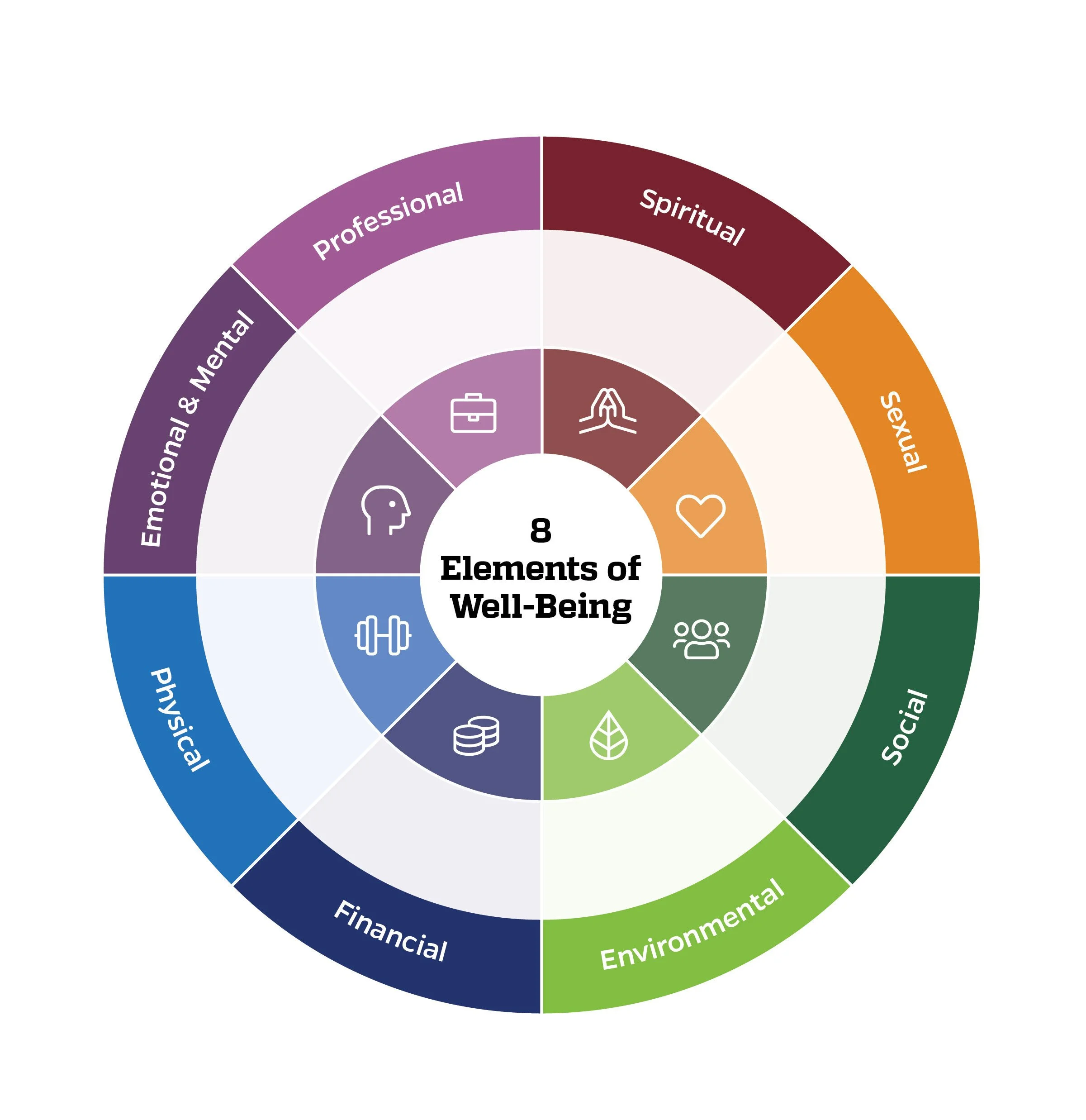 Circular diagram illustrating 8 elements of well-being, including spiritual, sexual, social, environmental, financial, physical, emotional & mental, and professional.