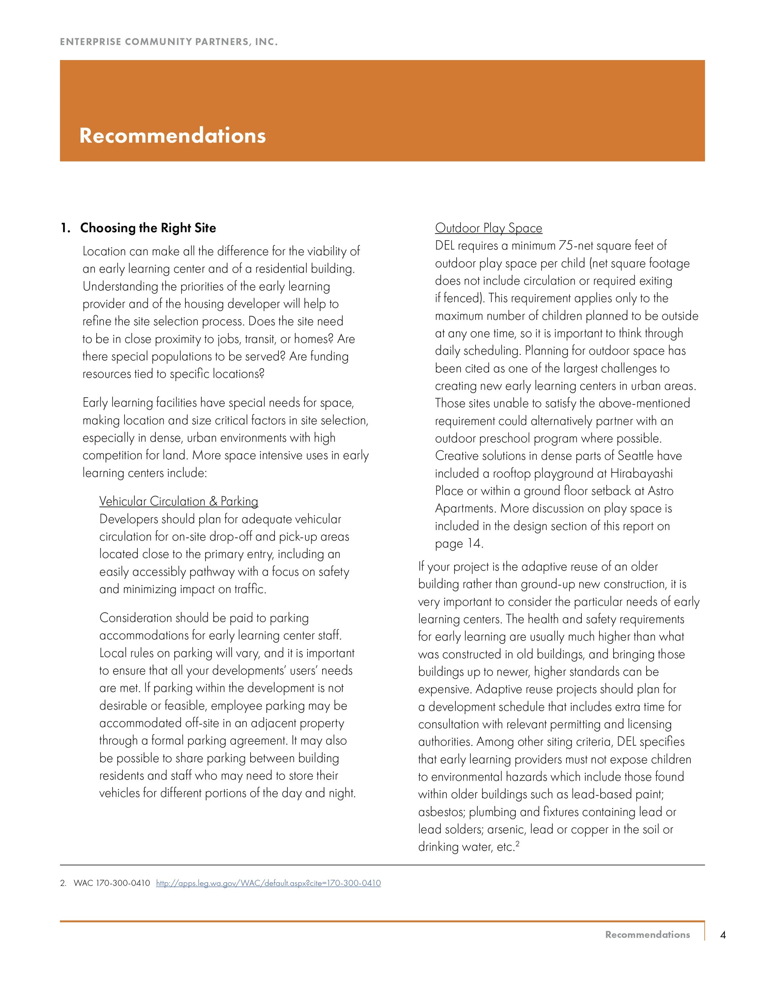 Page from a report with an orange header titled 'Recommendations'. The page discusses choosing the right site for early learning centers, focusing on outdoor play space requirements and considerations for adaptive reuse and environmental hazards.