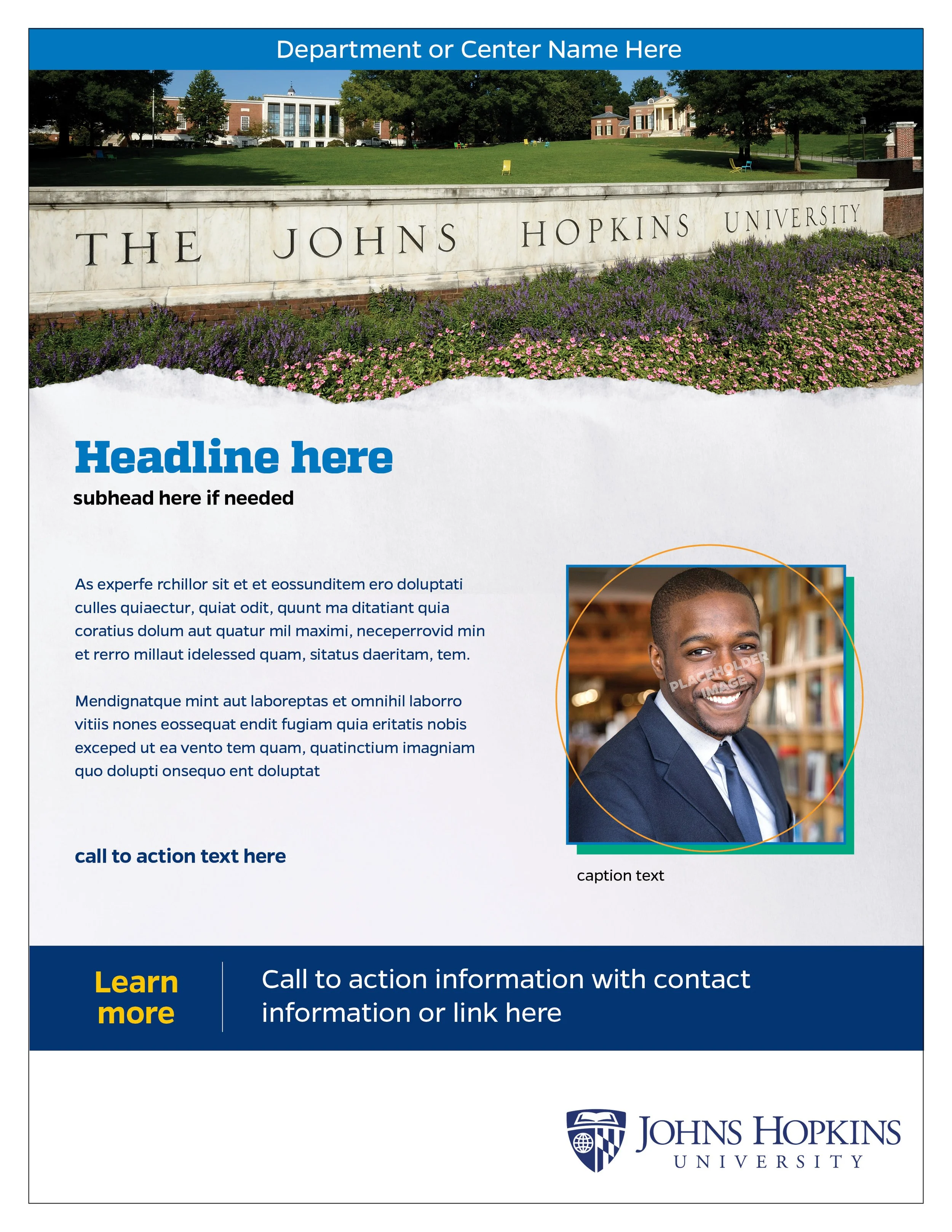 A promotional flyer for Johns Hopkins University featuring an outdoor view of the university campus with buildings and green space in the background. The flyer includes a large sign with 'THE JOHNS HOPKINS UNIVERSITY' engraved on a stone wall, surrou