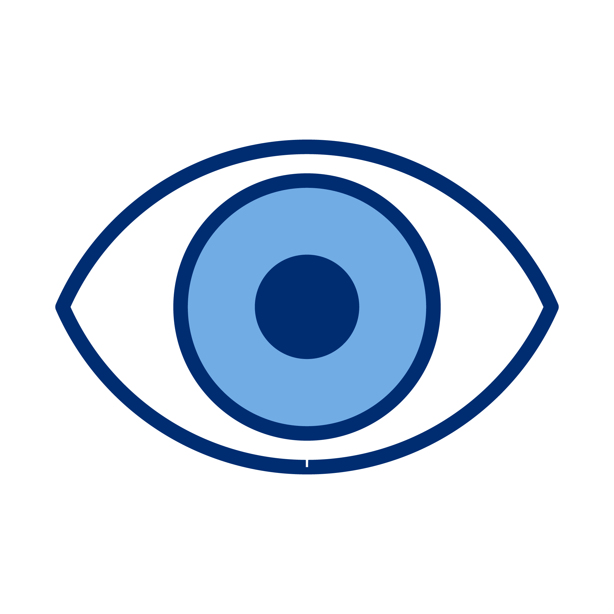 Stylized blue eye with concentric circles for the iris and a dark blue pupil on a transparent background.