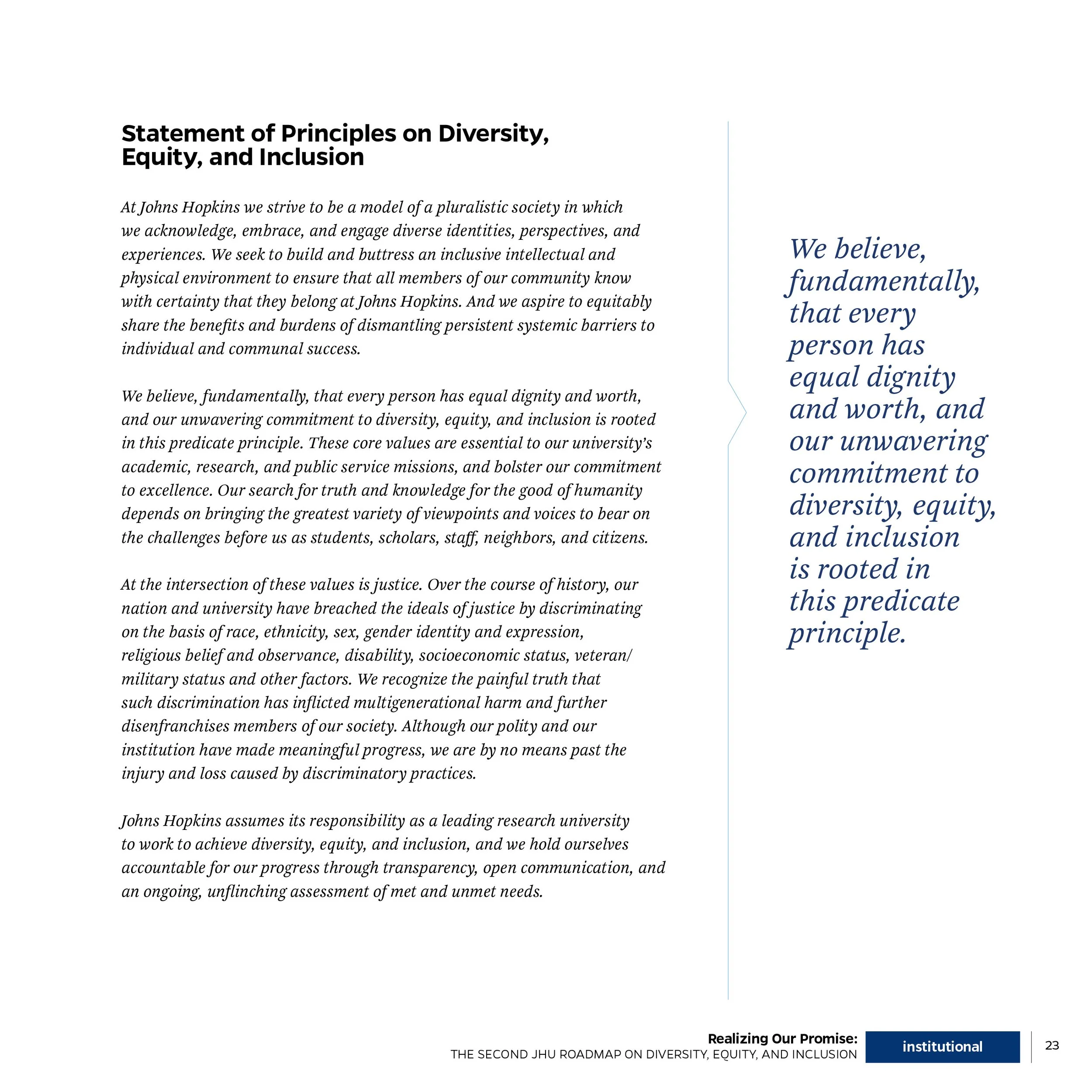 Document titled 'Statement of Principles on Diversity, Equity, and Inclusion' from Johns Hopkins University, including a quote about believing in equality and dignity for all and the importance of diversity and justice.