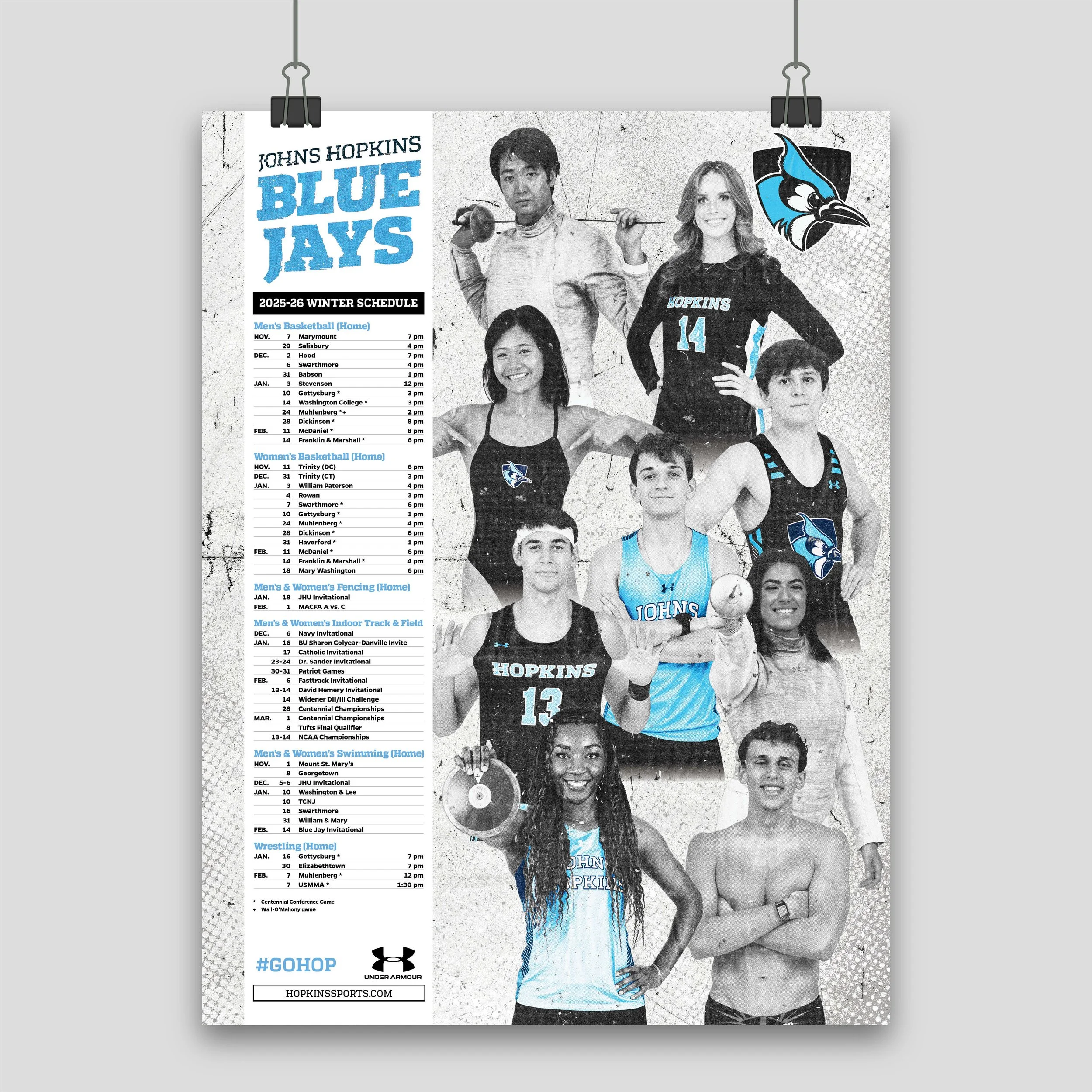 Sports schedule poster for Johns Hopkins Blue Jays featuring black and white photos of various student athletes in team uniforms, with the team logo and schedule details in blue and black text.