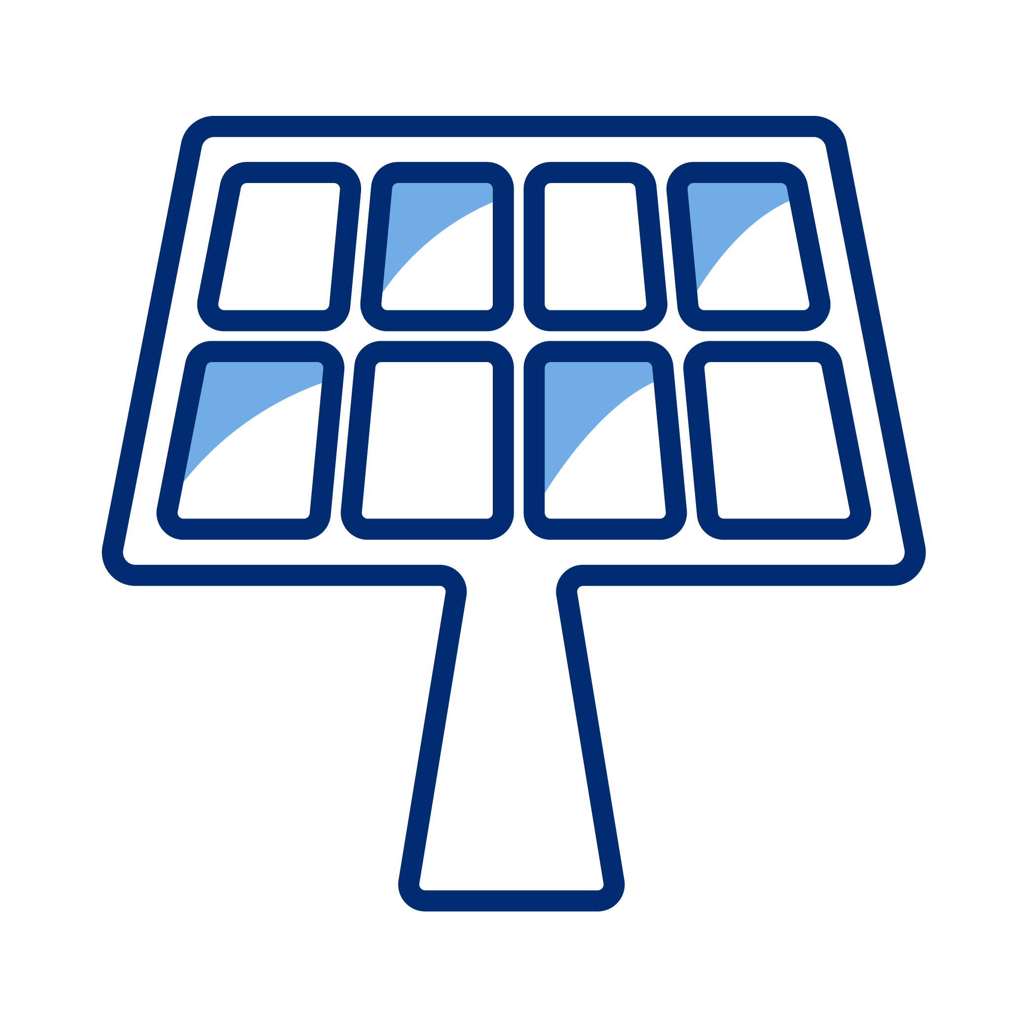 Neon-style illustration of a solar panel on a stand with blue reflective cells.