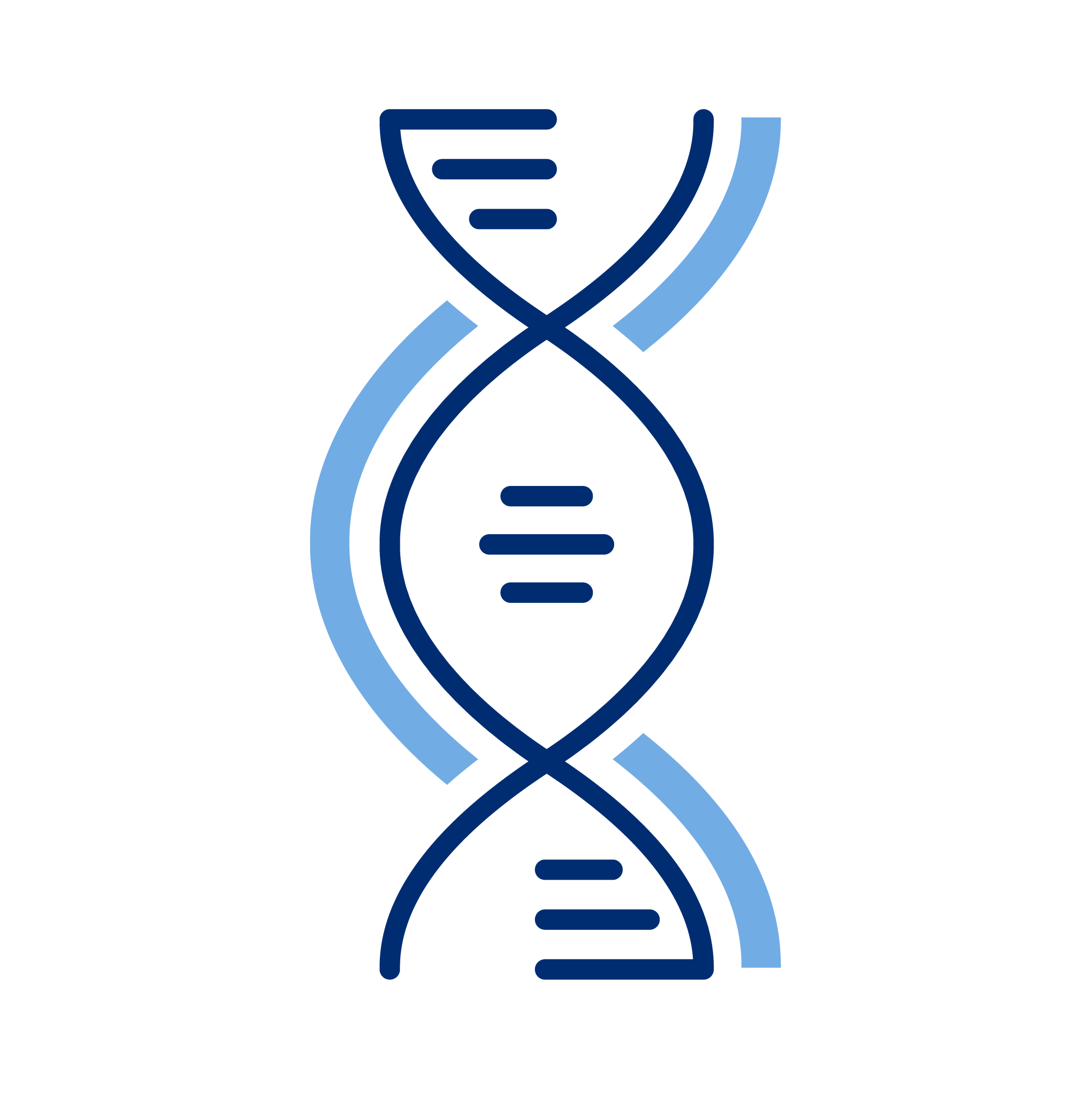 Graphic illustration of a DNA double helix strand in dark blue and light blue colors.