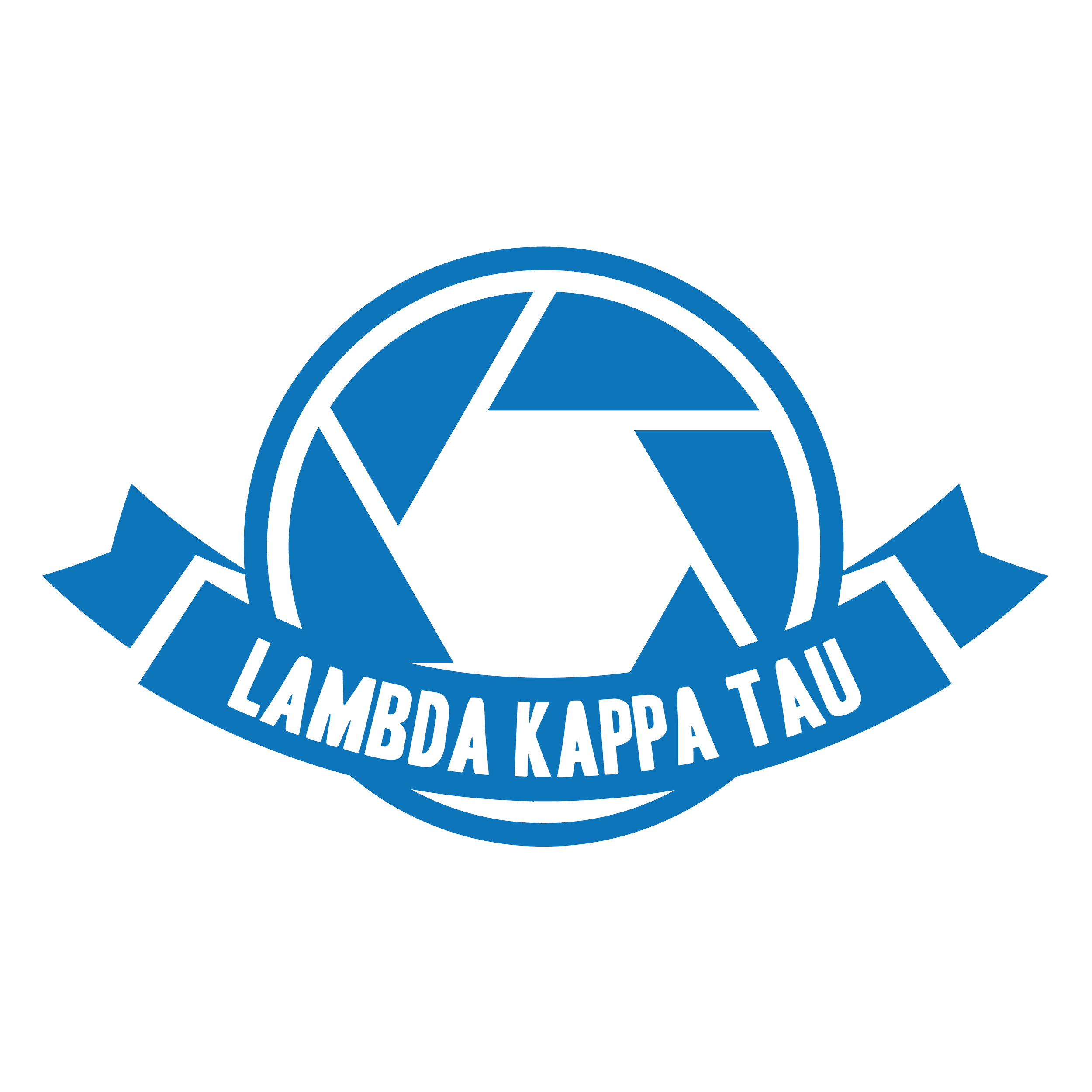 Blue logo with a circular camera shutter design in the center and a banner beneath it reading 'Lambda Kappa Tau' in white text.