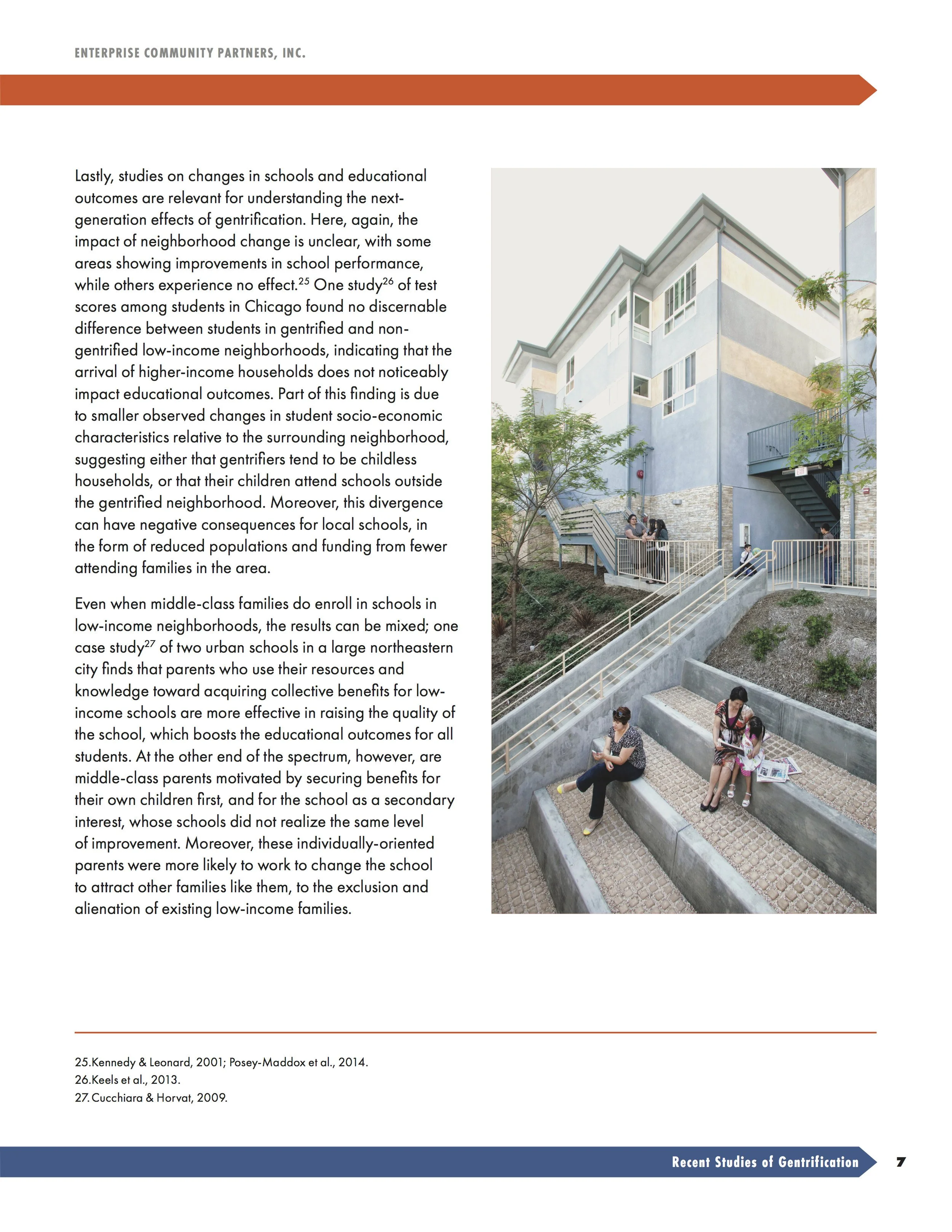 A page from a study report with text on gentrification and a photo of an urban apartment building with people sitting on stairs and outdoor benches.