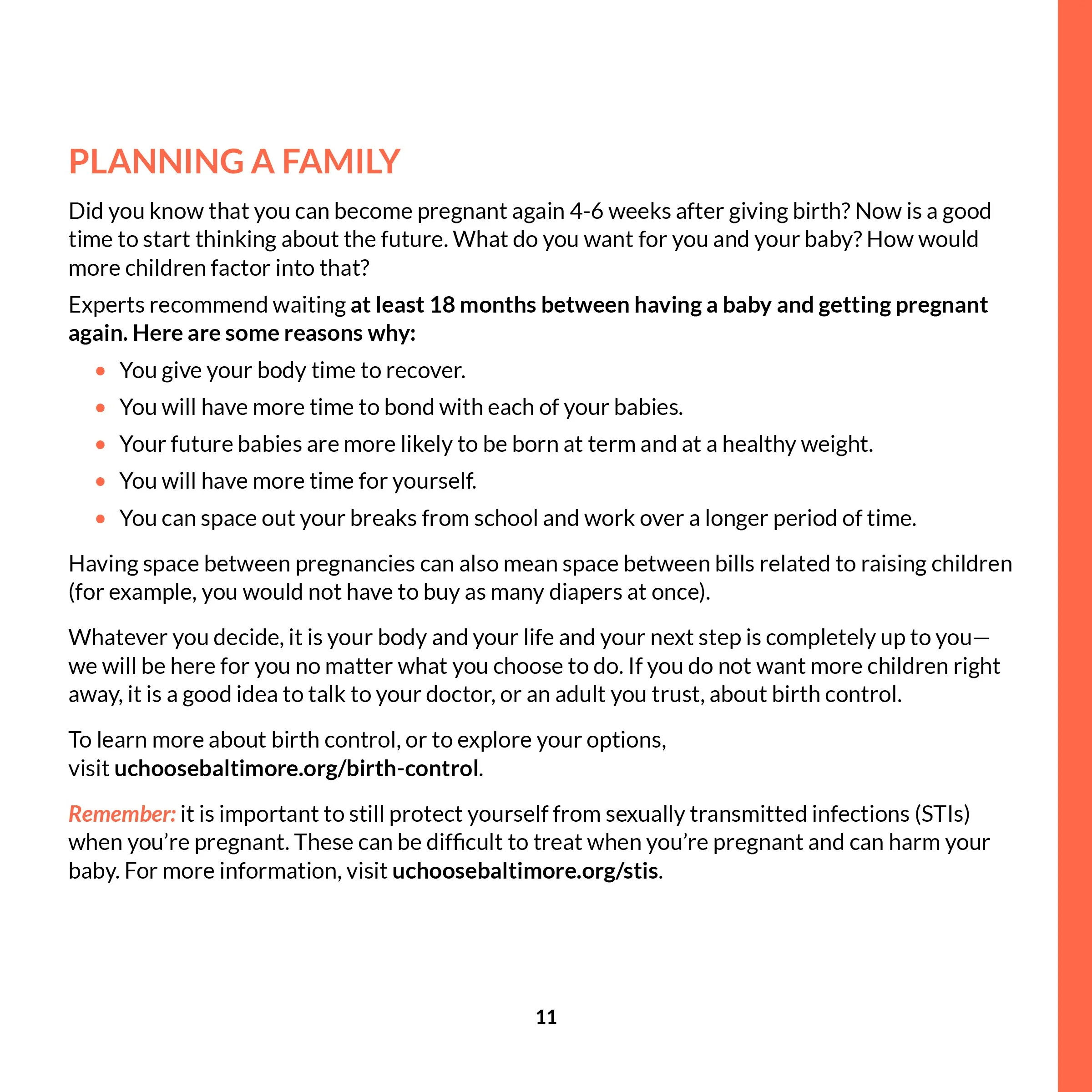 Text about family planning and getting pregnant again, emphasizing waiting at least 18 months between pregnancies, benefits of space between pregnancies, and resources for birth control and STI protection.