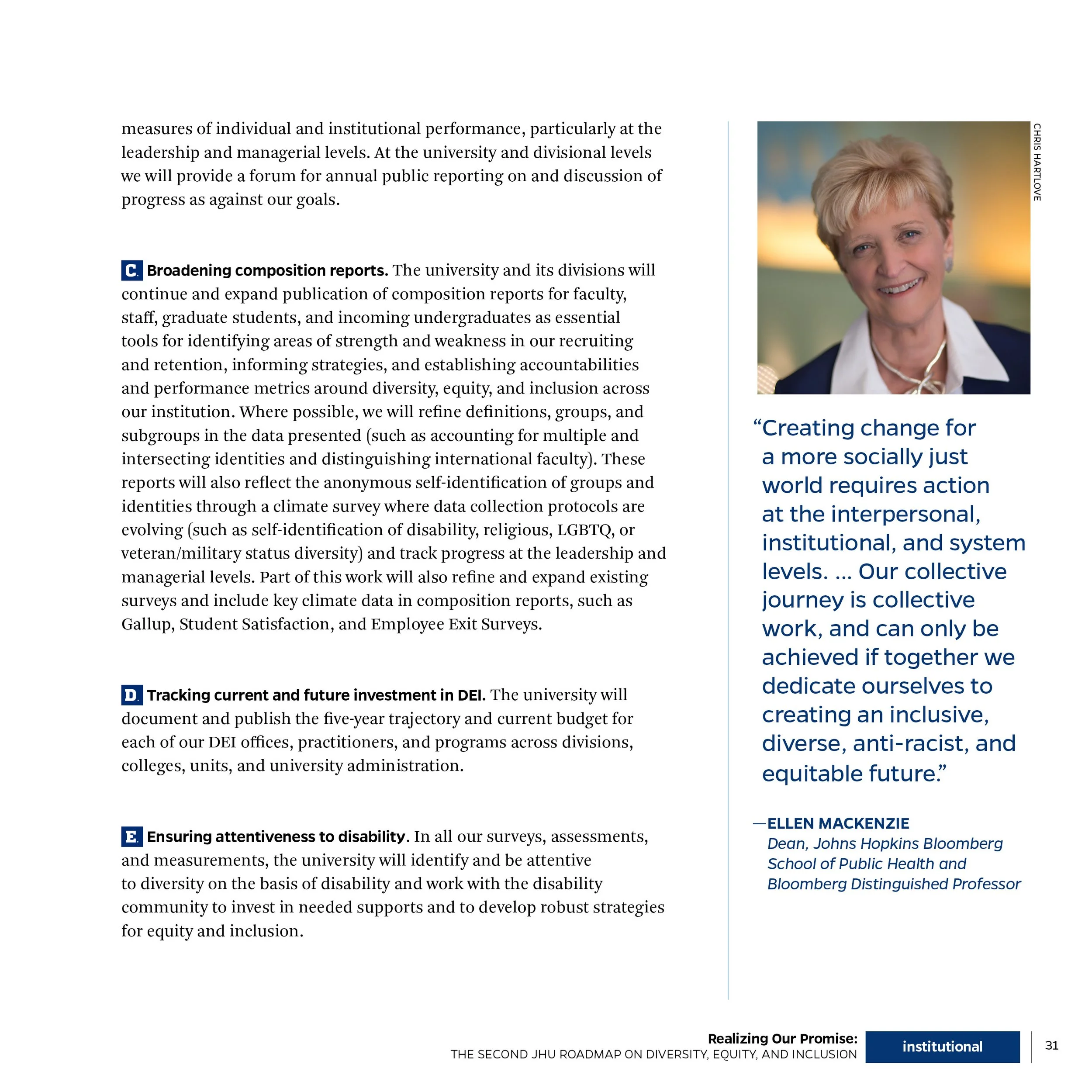 Page from a report with a photograph of Ellen MacKenzie, a quote about creating social change, and sections on broadening composition reports, tracking investment in diversity, equity, and inclusion, and ensuring attentiveness to disability.