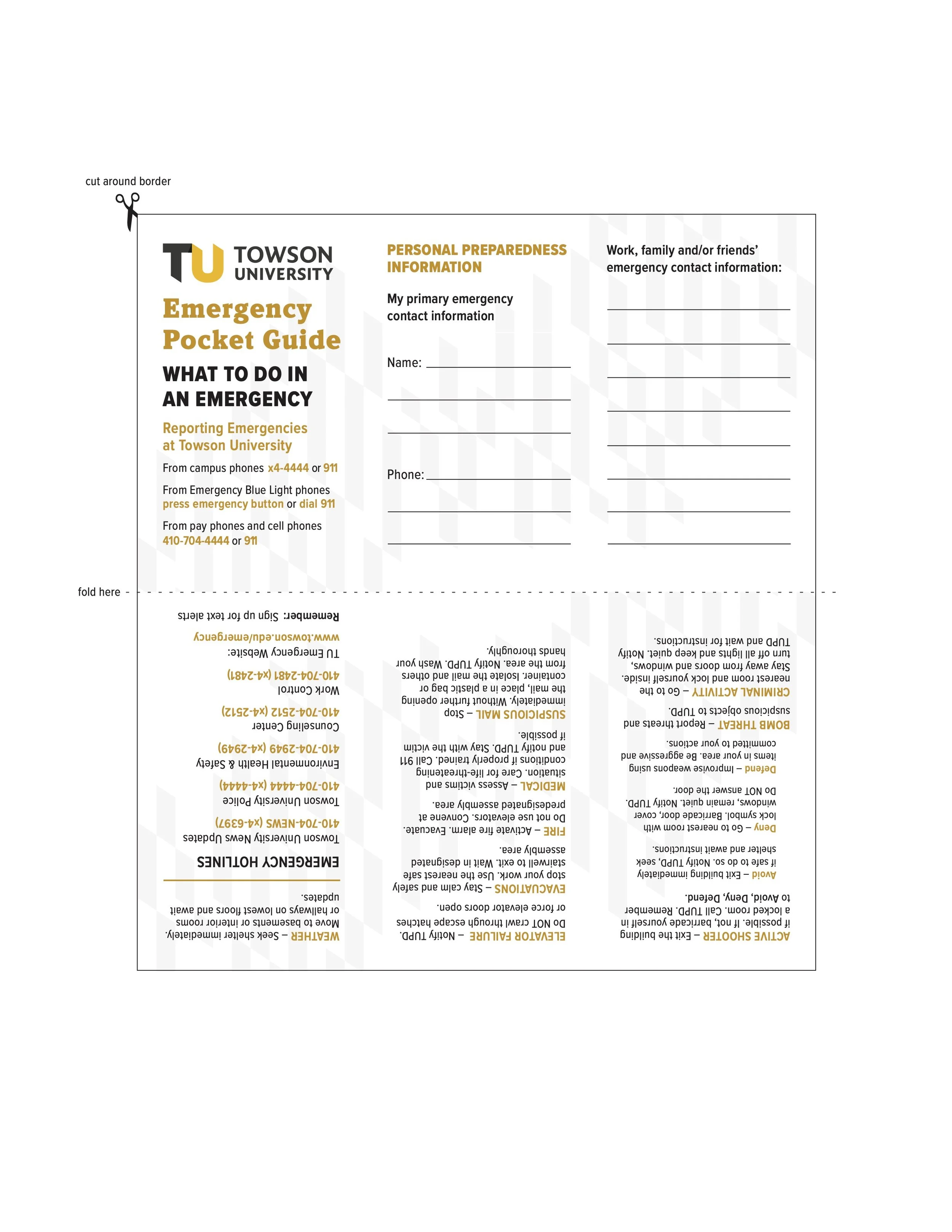 Towson University emergency pocket guide with instructions on what to do during emergencies, emergency contact information, and a section for personal preparedness details.