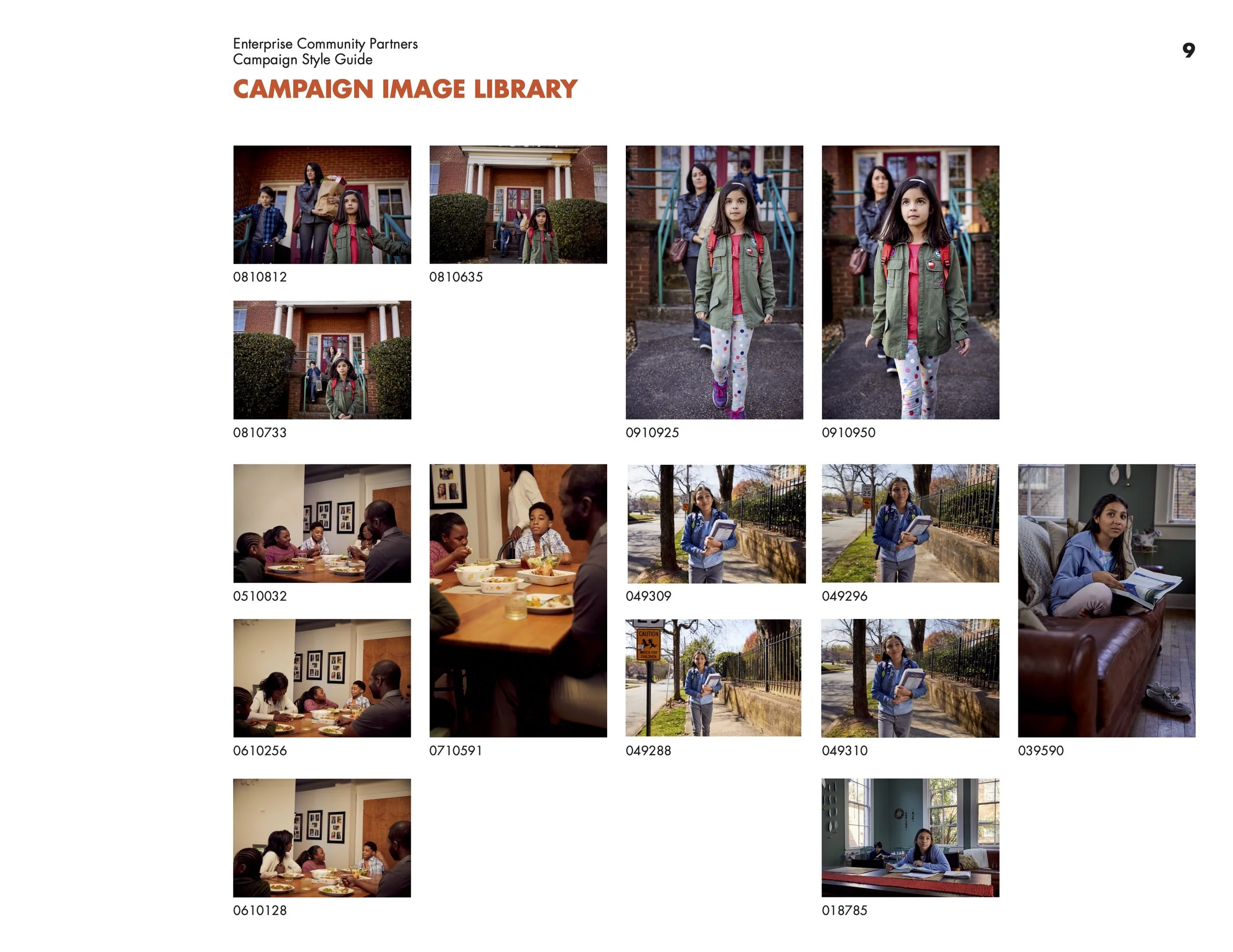 A digital collage of various photos organized in a grid. The top row has four images of children standing and walking in front of brick buildings, with some carrying backpacks. The second row shows children sitting around a table eating and talking i