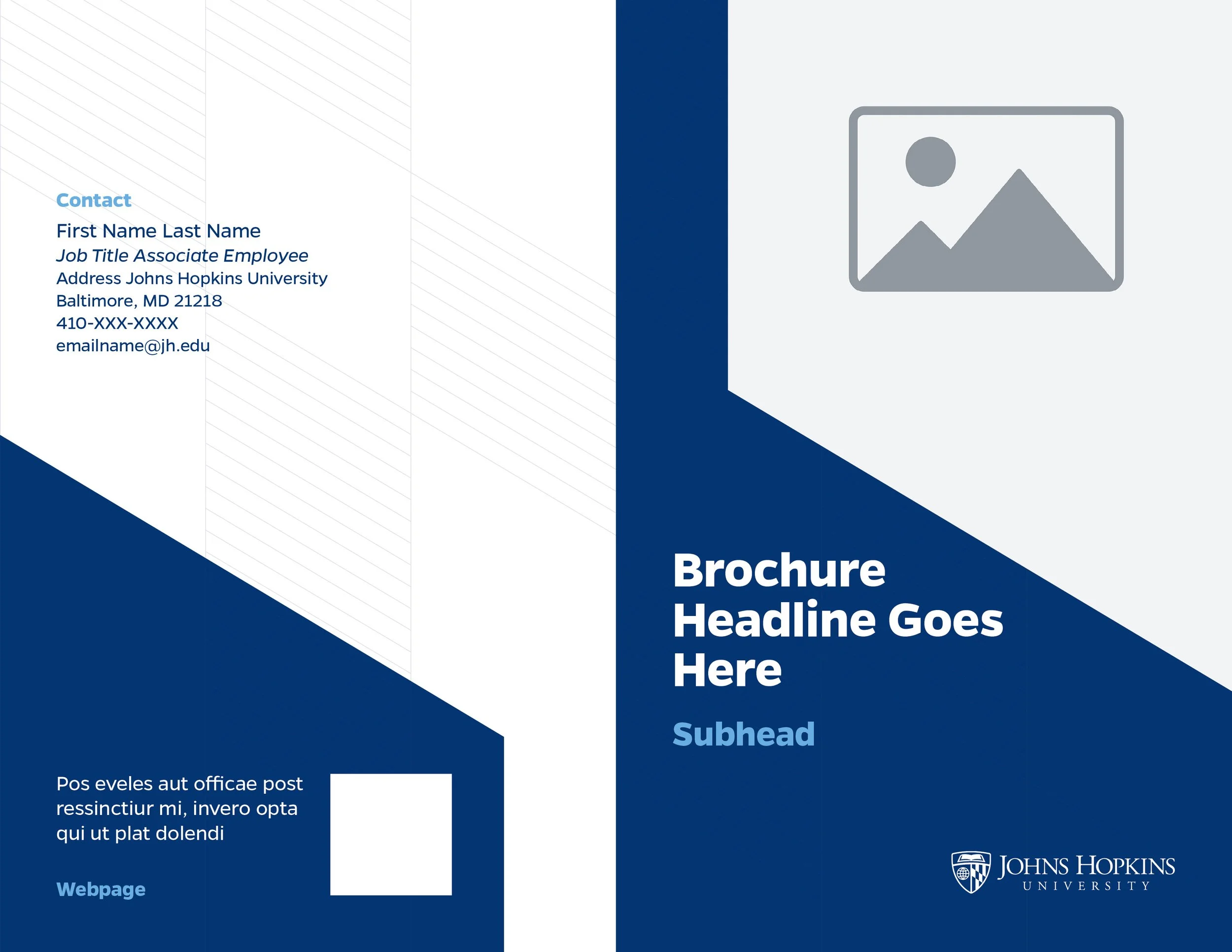 A brochure cover with the Johns Hopkins University logo. The design features geometric shapes in dark blue and white. There is a placeholder for a headline, subhead, and contact information, including name, job title, address, phone number, and email