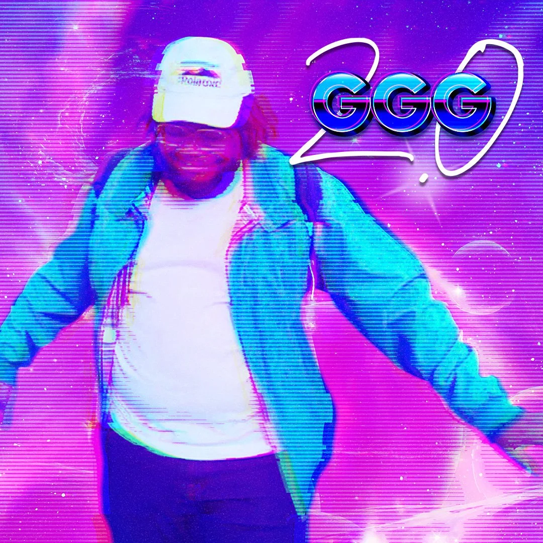 A man wearing a white cap, glasses, a white t-shirt, and a blue jacket walking in a vibrant, colorful, digital-style background with pink, purple, and blue hues, and a speech bubble with 'GGG' written in 3D letters.