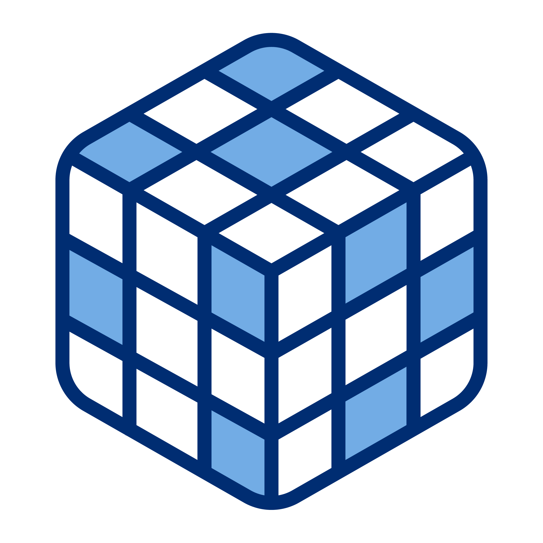 An isometric illustration of a Rubik's Cube in shades of blue.