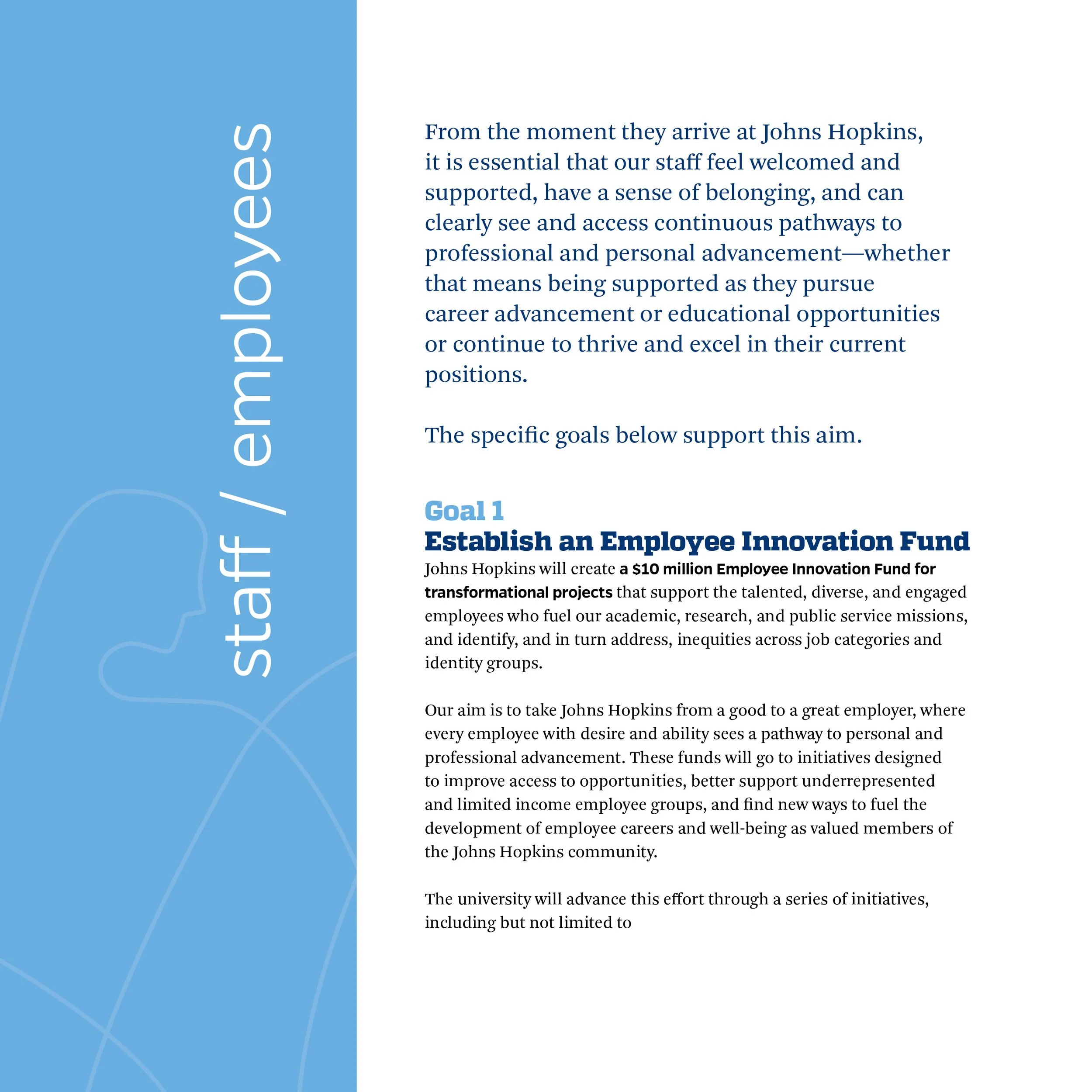 Document page with blue sidebar titled 'staff / employees' on the left, and text content on the right discussing employee support and goals at Johns Hopkins, including a highlighted section about establishing an Employee Innovation Fund.
