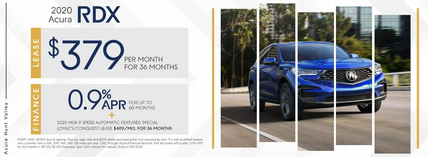 Advertisement for a 2020 Acura RDX with leasing and financing options, including monthly payment of $379 for 36 months and 0.9% APR for 60 months, featuring a blue SUV driving on a road.