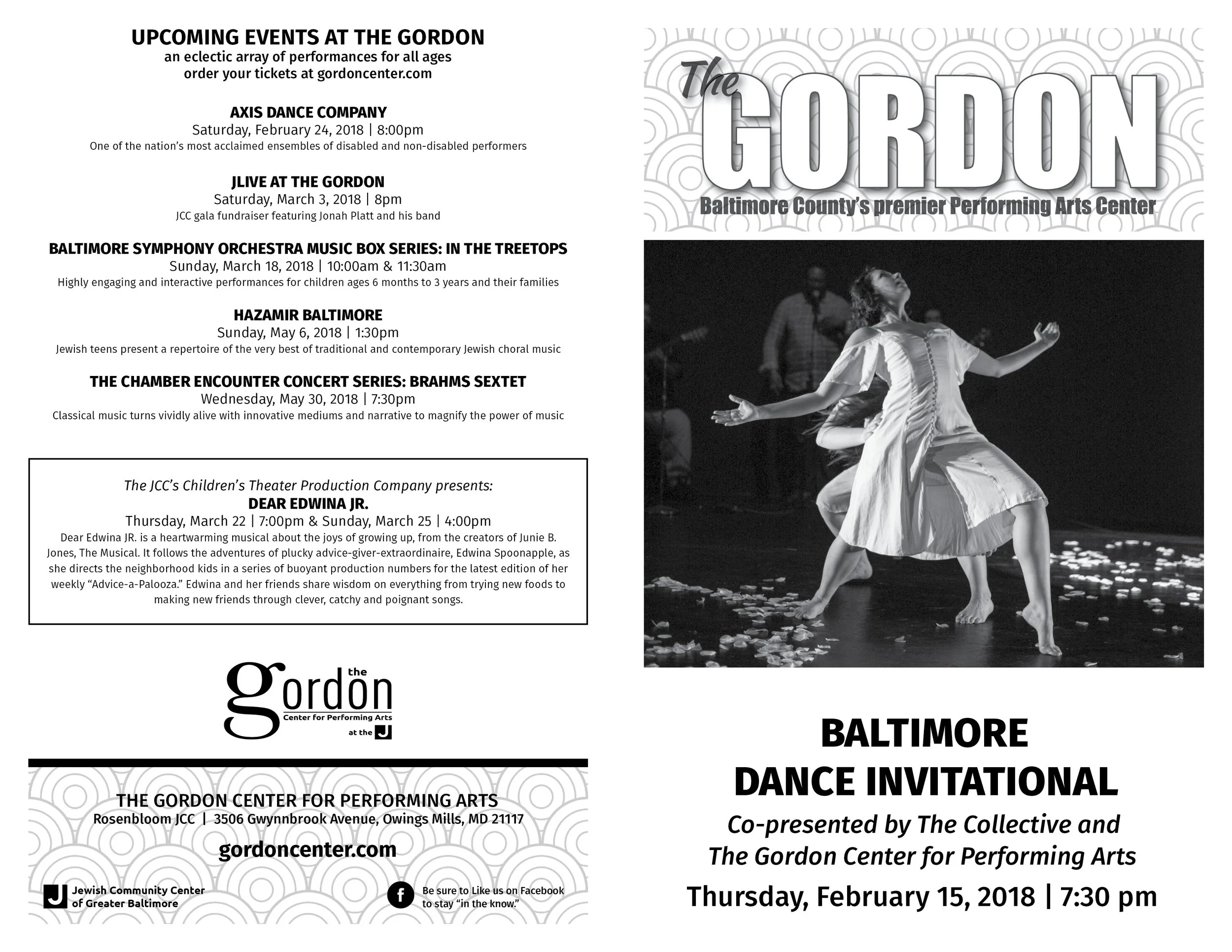 Event flyer for the Gordon Center for Performing Arts featuring upcoming performances including dance, music, and theater in Baltimore, with a black and white photo of a woman in a white dress mid-dance on stage.
