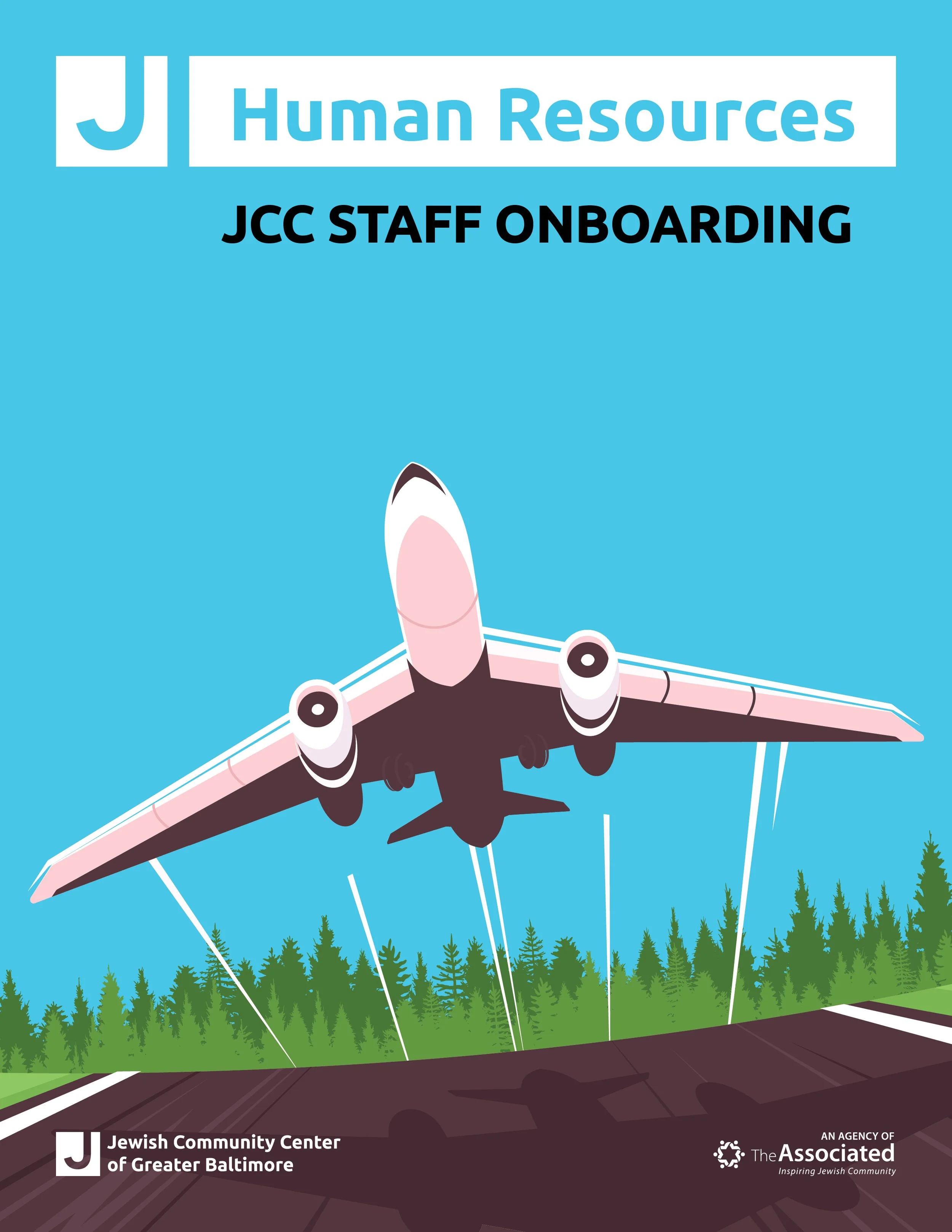 A graphic illustrating an airplane flying over a forested landscape with a bright blue sky background, promoting a JCC staff onboarding event for the Jewish Community Center of Greater Baltimore, sponsored by The Associated.