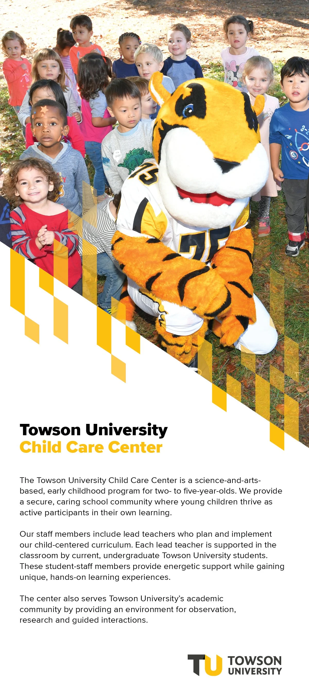 Children gathered outdoors with a mascot character in a tiger costume at Towson University Child Care Center, with a description of the program and university.
