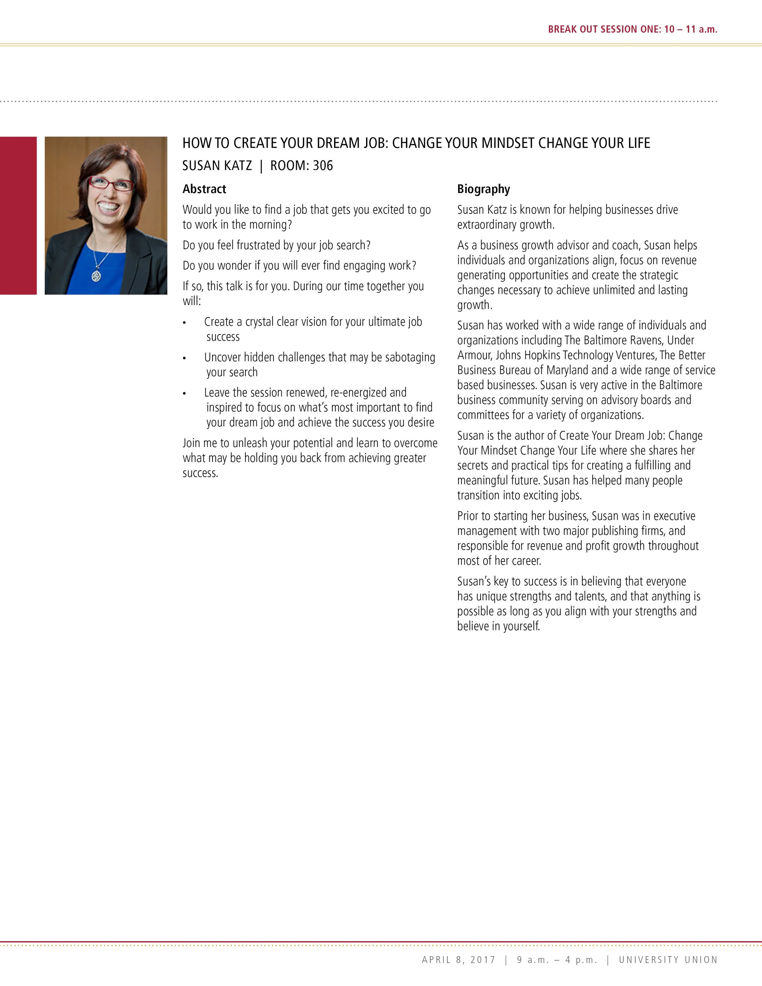 Event schedule and information about a session titled 'How to Create Your Dream Job: Change Your Mindset Change Your Life' by Susan Katz, including her biography, photo, and session details.
