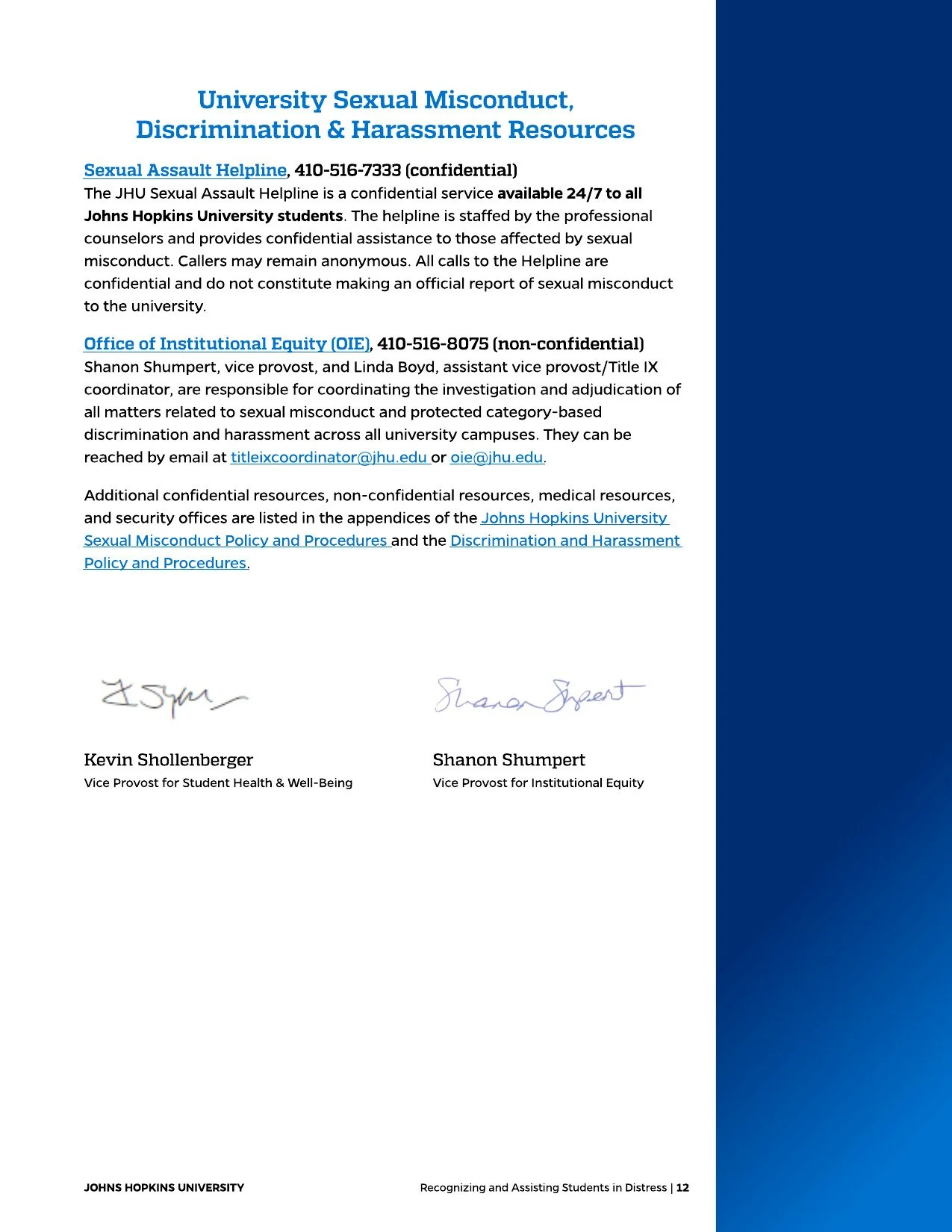 Document titled 'University Sexual Misconduct, Discrimination & Harassment Resources' providing contact information for the Sexual Assault Helpline, Office of Institutional Equity, and related resources, signed by Kevin Shollenberger and Shanon Shump