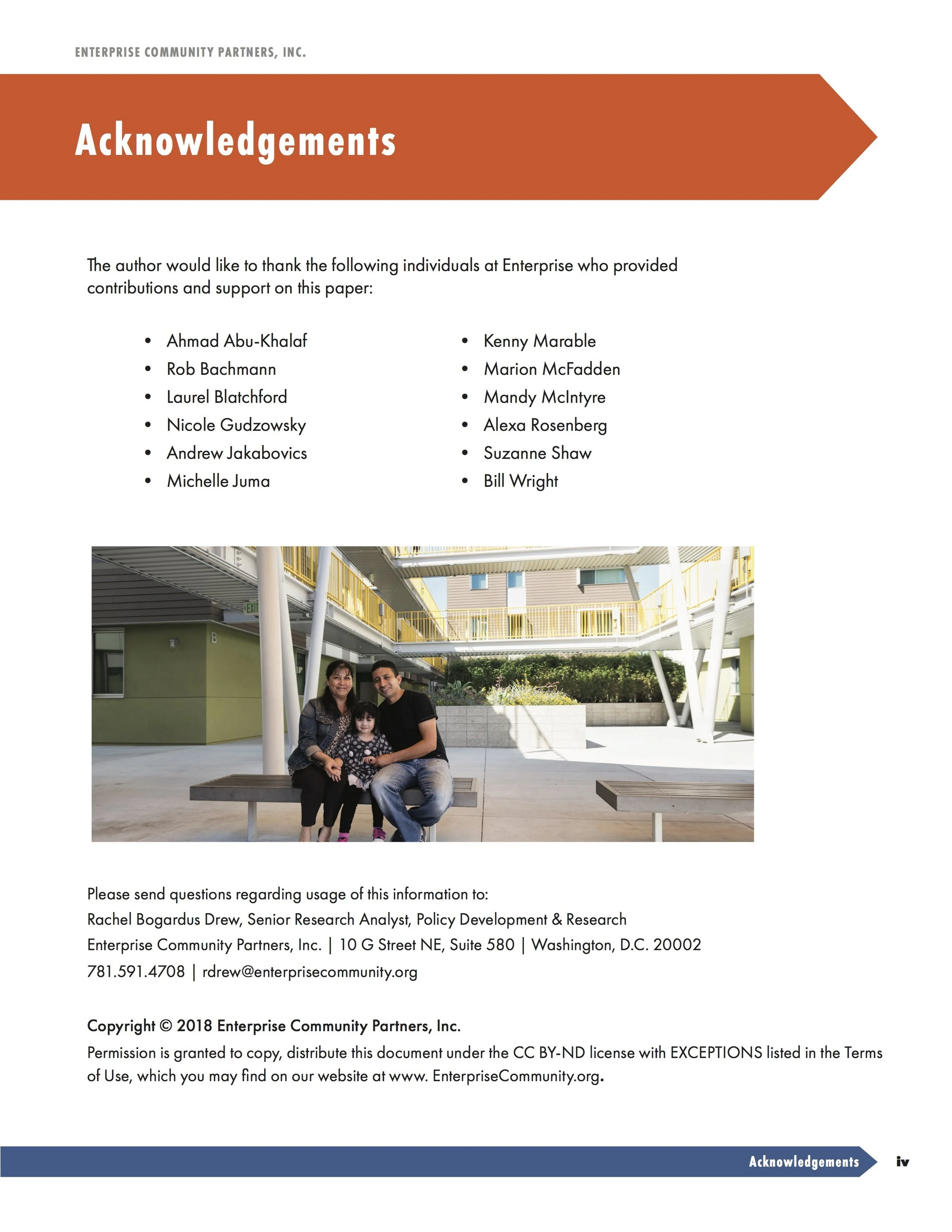 Page with acknowledgements and a group photo of a family sitting on a bench in an outdoor area, with yellow railings and modern building in the background.