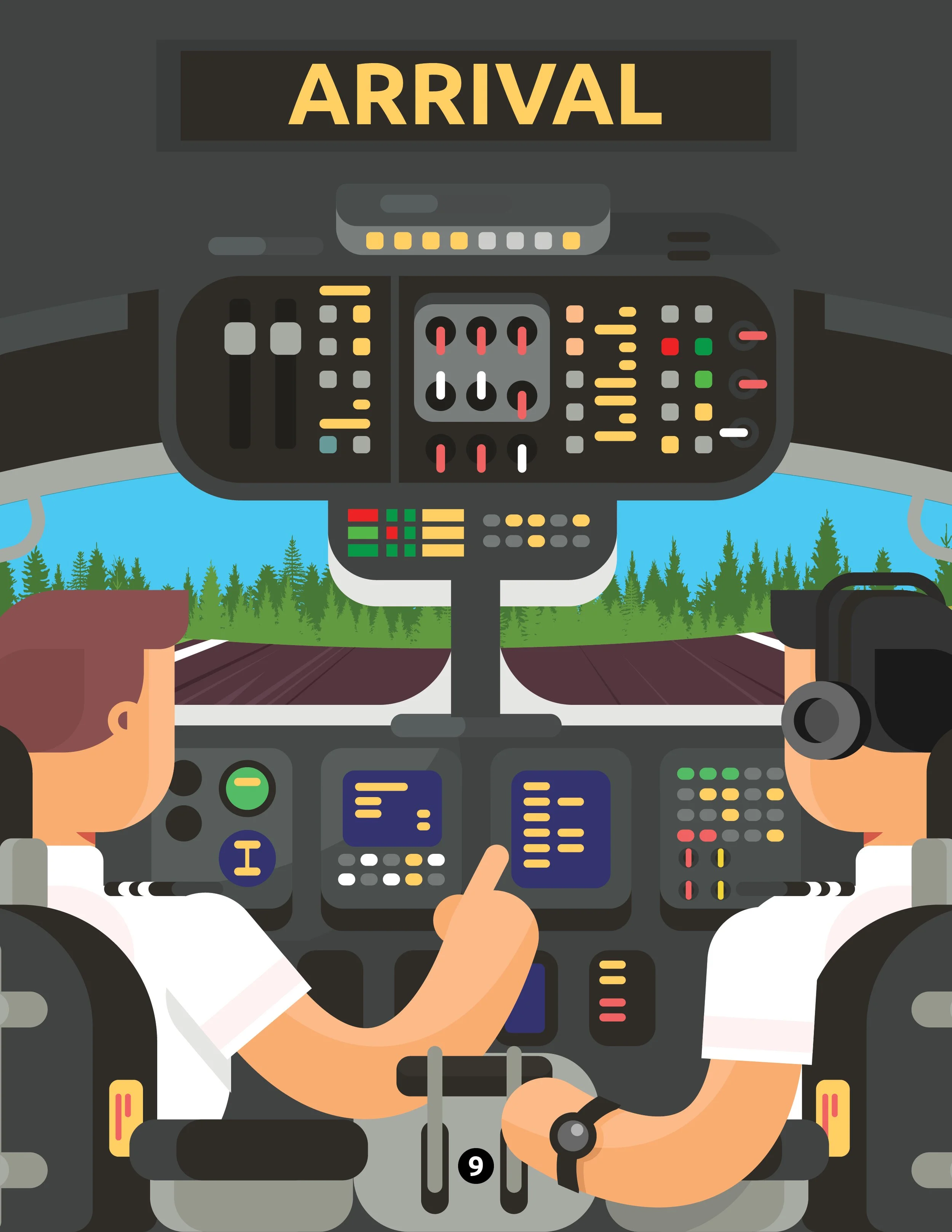 Illustration of pilots in the cockpit of an airplane approaching an airport for landing, with trees visible outside.