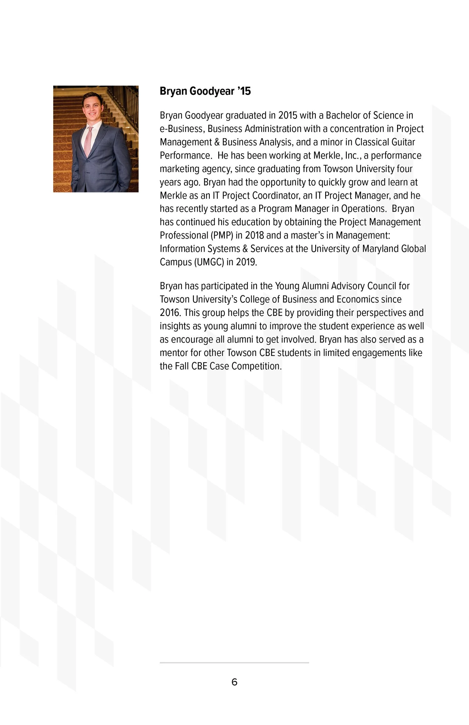 Page featuring a professional photo of Bryan Goodyear in a suit, and a biography describing his educational background and involvement in alumni activities.