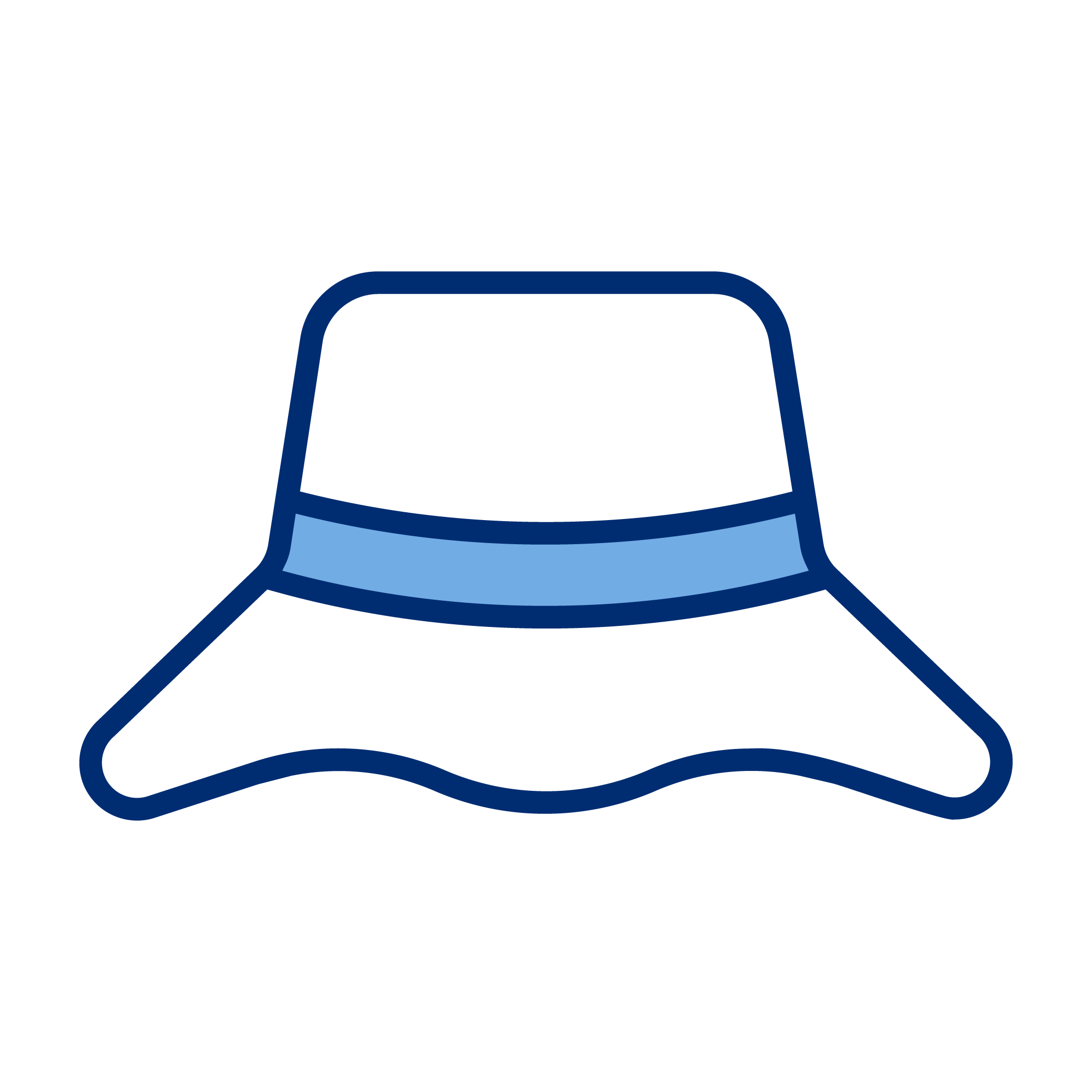 Illustration of a cowboy hat with a wide brim and a band, in dark and light blue colors.