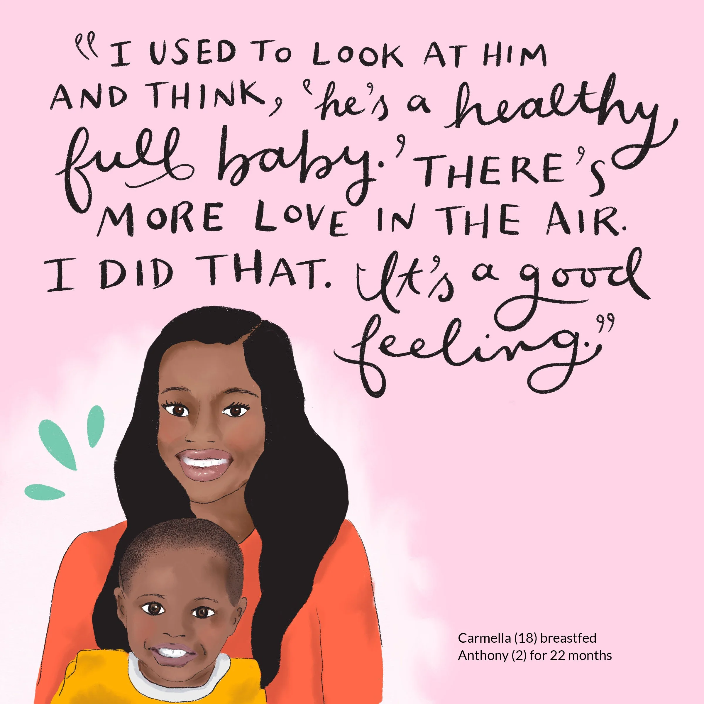 An illustrated woman with long black hair and a young boy with short hair, both smiling. The woman is wearing an orange top and the boy a yellow shirt. There is a pink background with handwritten-style text expressing love for her children, and a cap