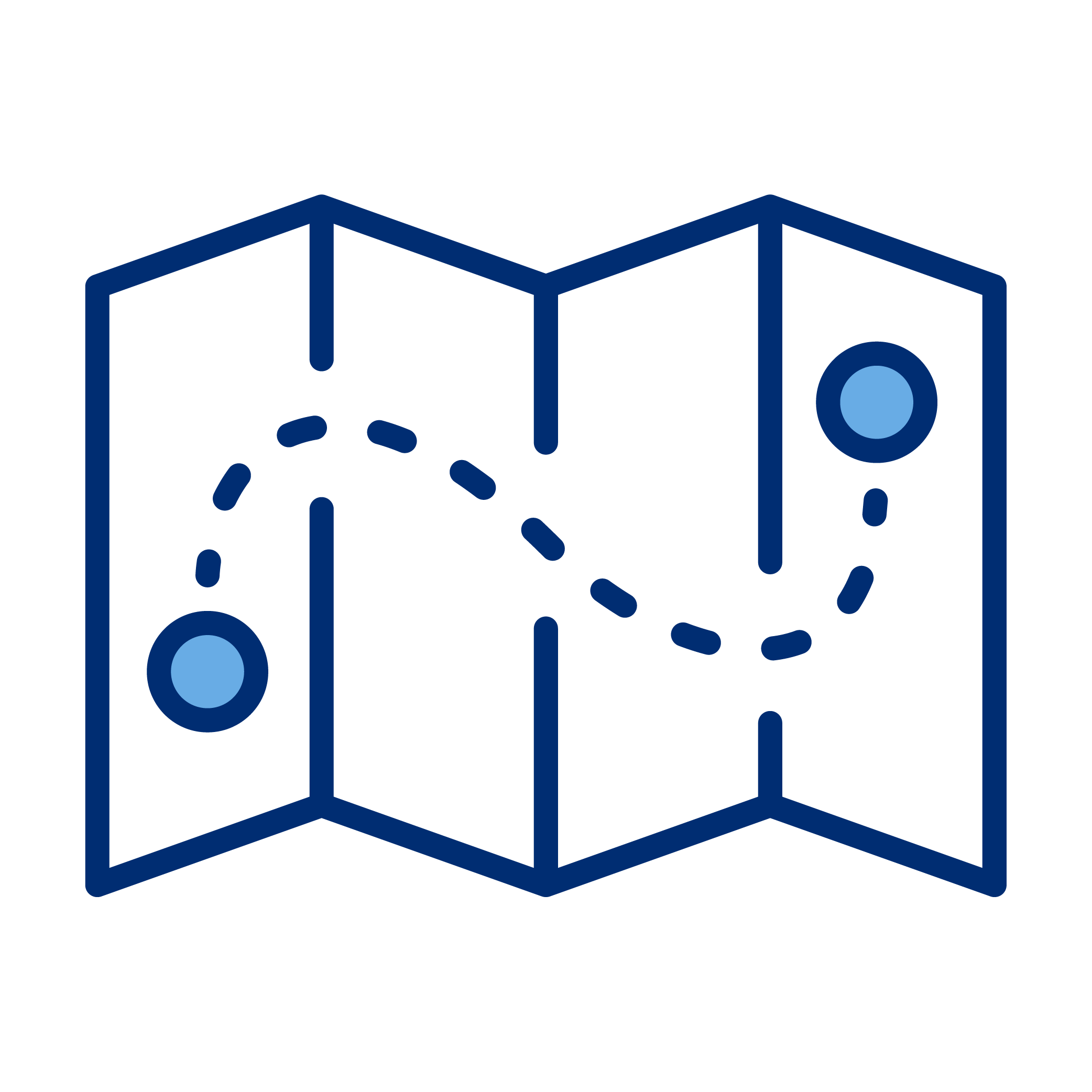 Illustration of a folded map with a marked route indicated by a dashed line connecting two circular points.