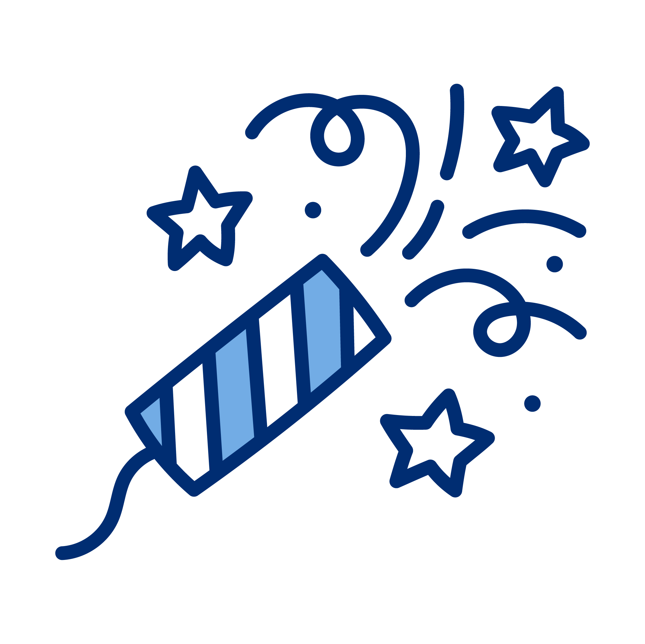 A cartoon-style illustration of a fireworks rocket exploding with stars and sparkles in the air.