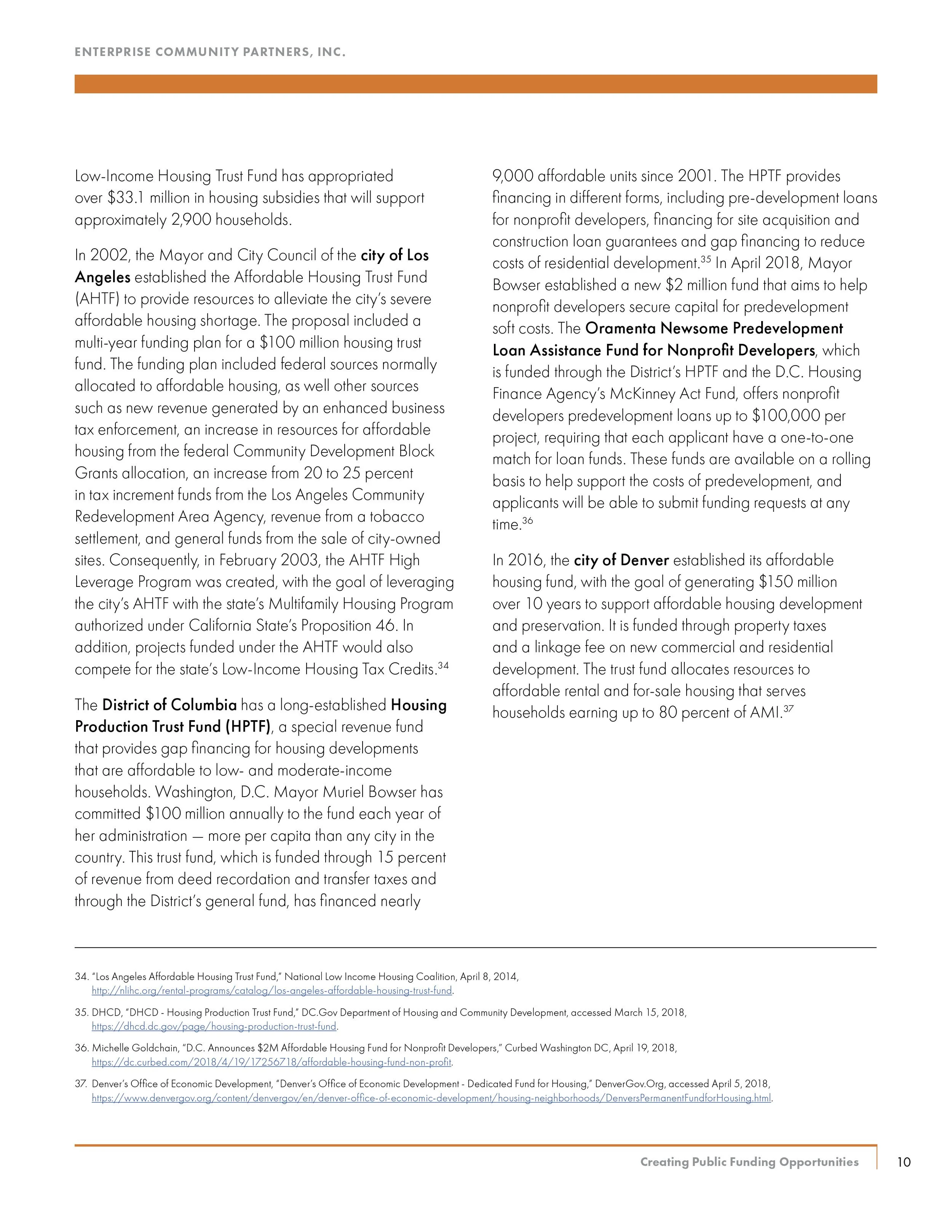 Page of a report with text about housing trust funds and affordable housing programs in Los Angeles, Denver, and Washington, D.C.