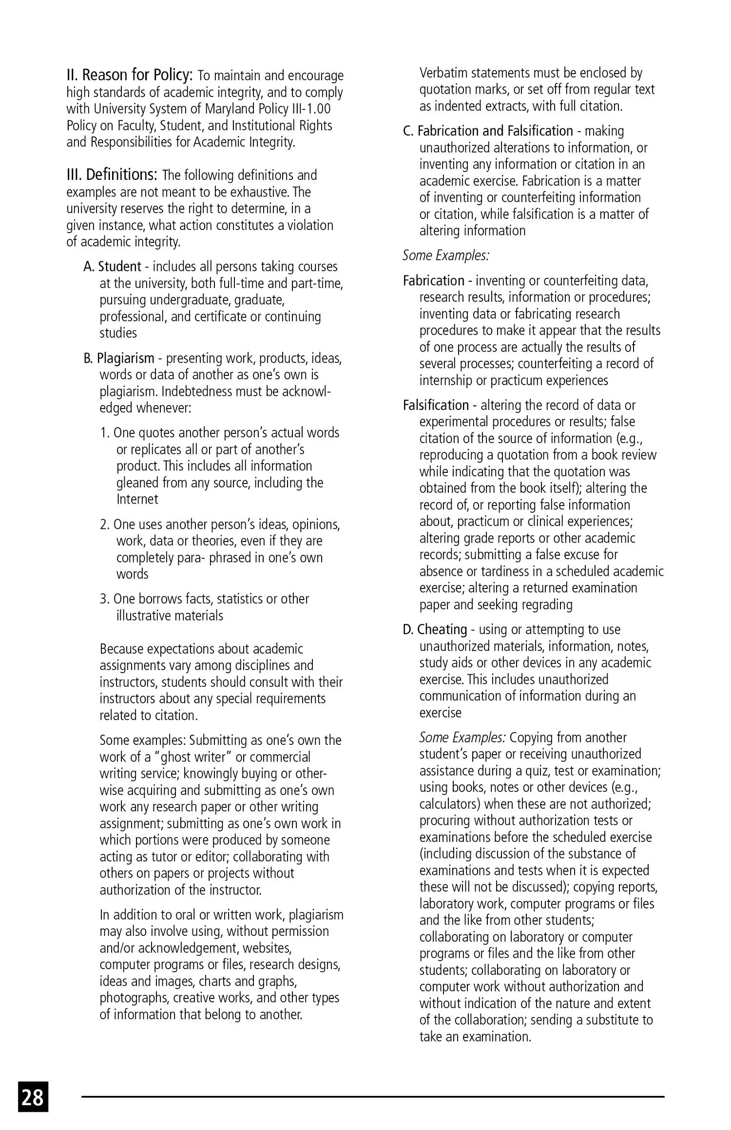 Text from a legal or academic document outlining policies on academic integrity, definitions of plagiarism, fabrication, falsification, and cheating, with detailed explanations and examples for each.