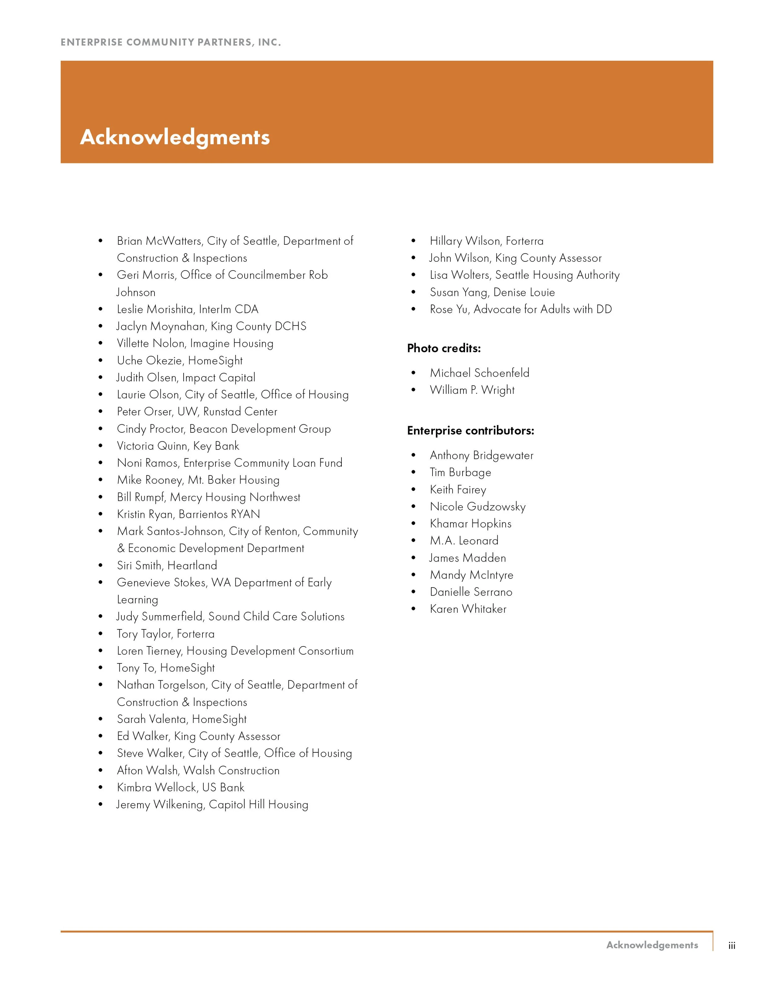 Page from a report or presentation titled 'Acknowledgments' listing names and organizations, with orange header and white background.
