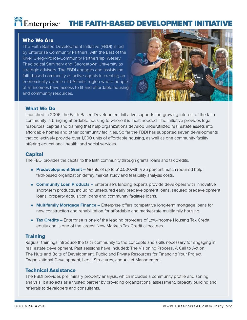 A flyer for the Faith-Based Development Initiative, led by Enterprise Community Partners, featuring a photo of five African American women smiling and standing outside a building.