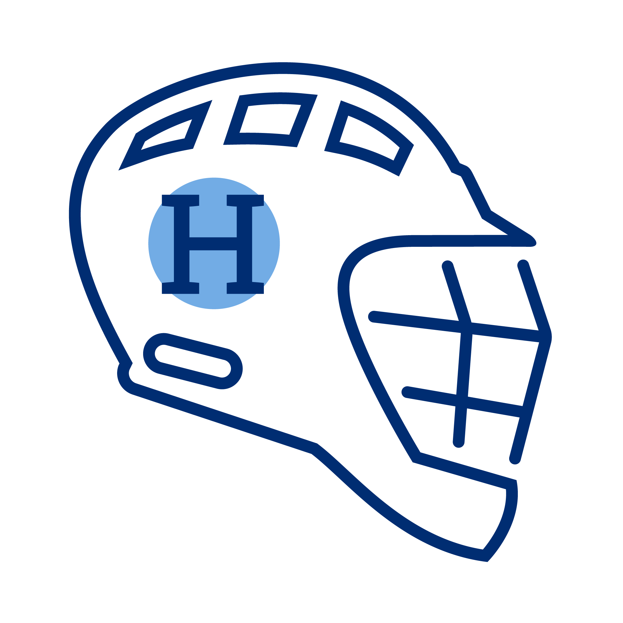 Line art illustration of a hockey helmet with an 'H' logo on the side, outlined in dark blue on a black background.