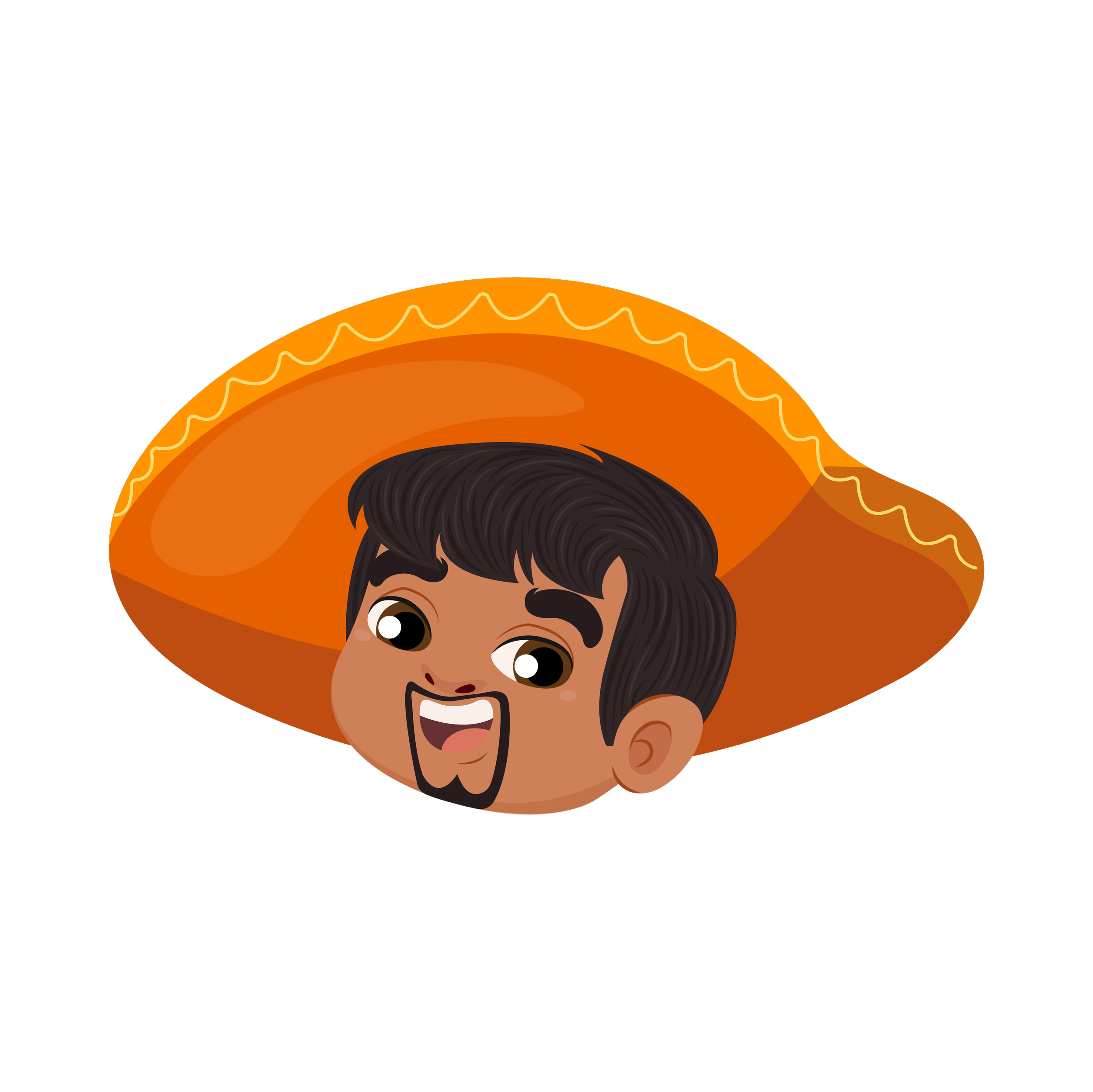 A cartoon character with a big taco shell for a hat, smiling with short dark hair, big eyes, and a goatee