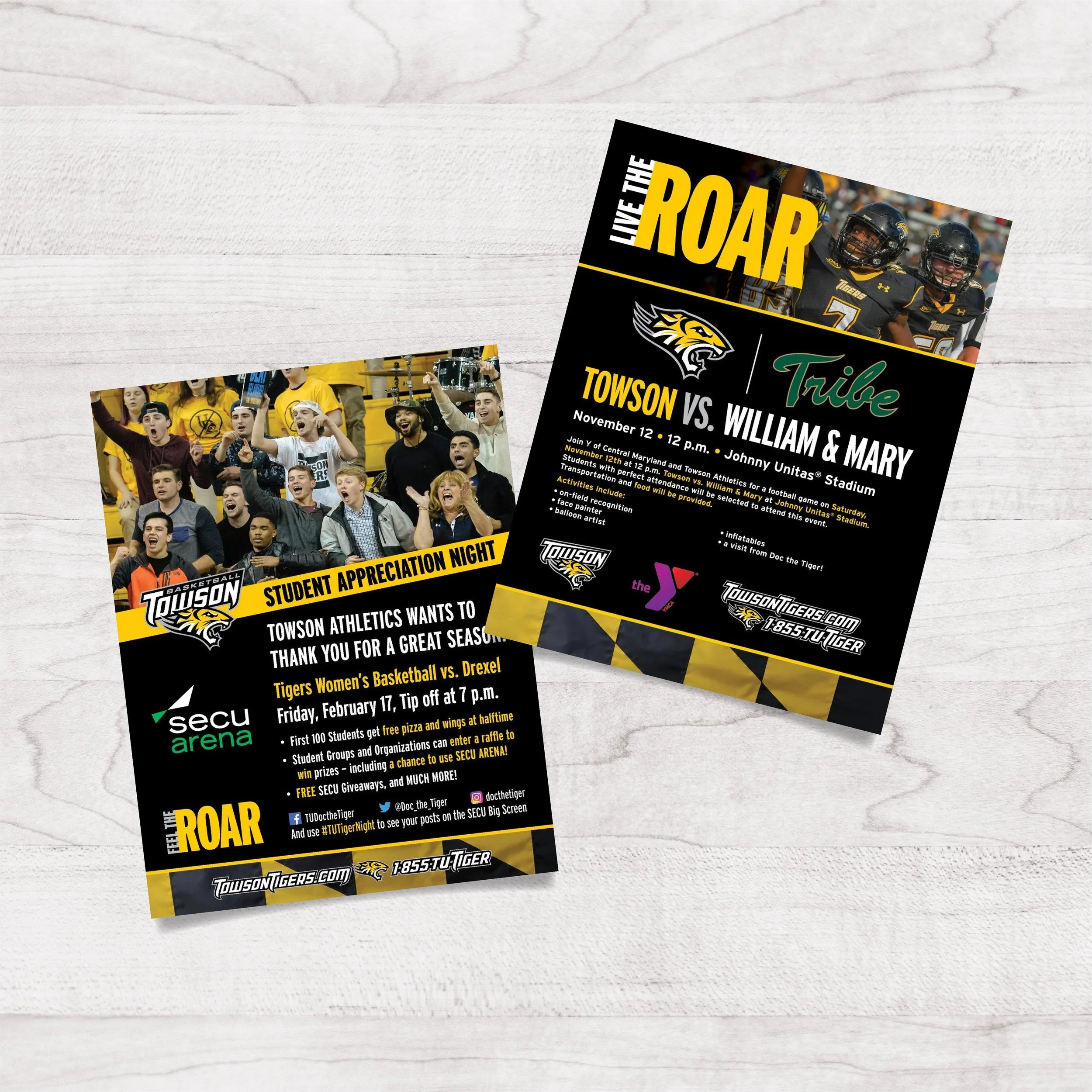 Two flyers for Towson Tigers athletic events. The first flyer celebrates Student Appreciation Night at SECU Arena with a basketball game against Drexel on February 17, featuring free pizza and wings, a raffle, and a chance to win prizes. The second f