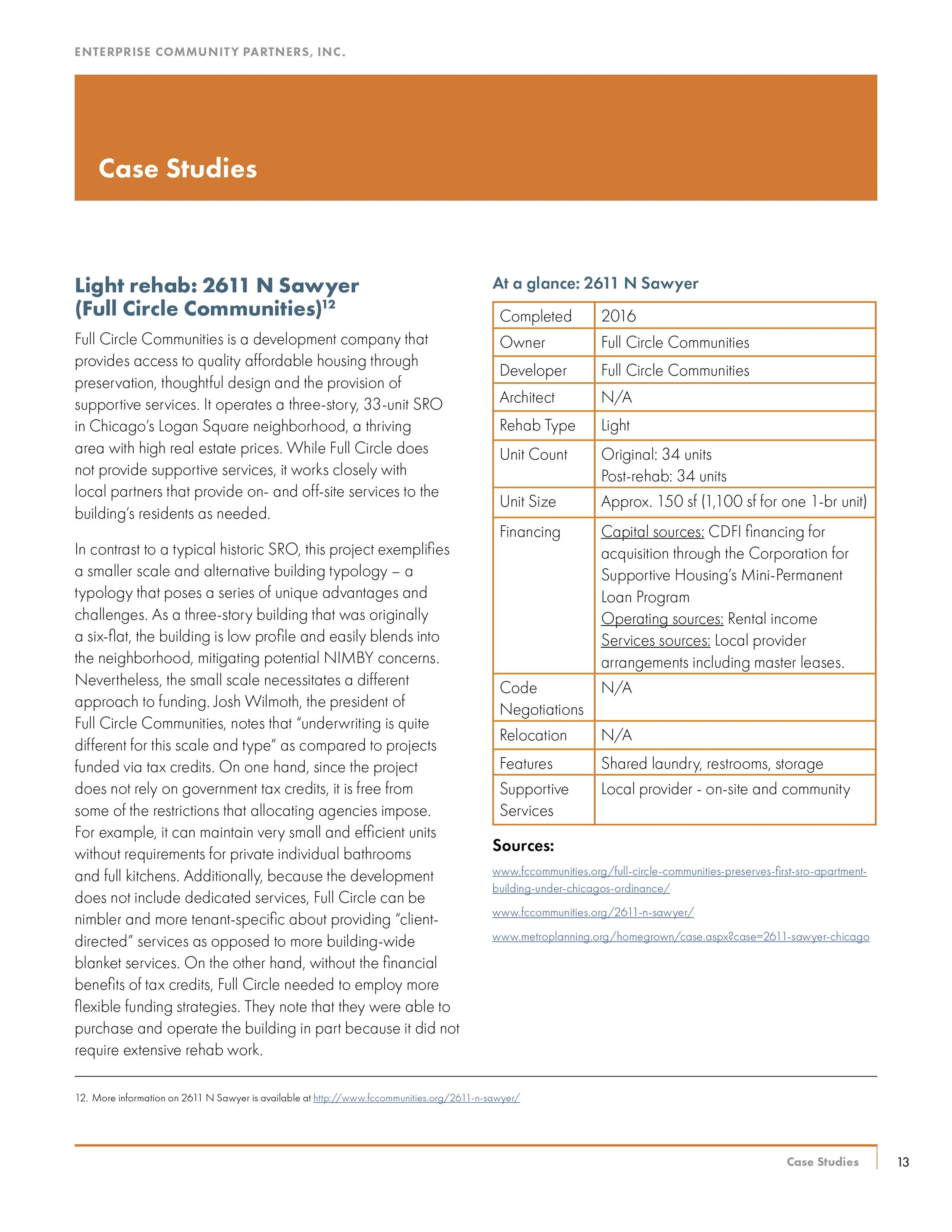Page from a document titled 'Case Studies' detailing a project at 2611 N Sawyer by Full Circle Communities, describing a light rehab multi-unit housing development with features like shared laundry, restrooms, and storage.